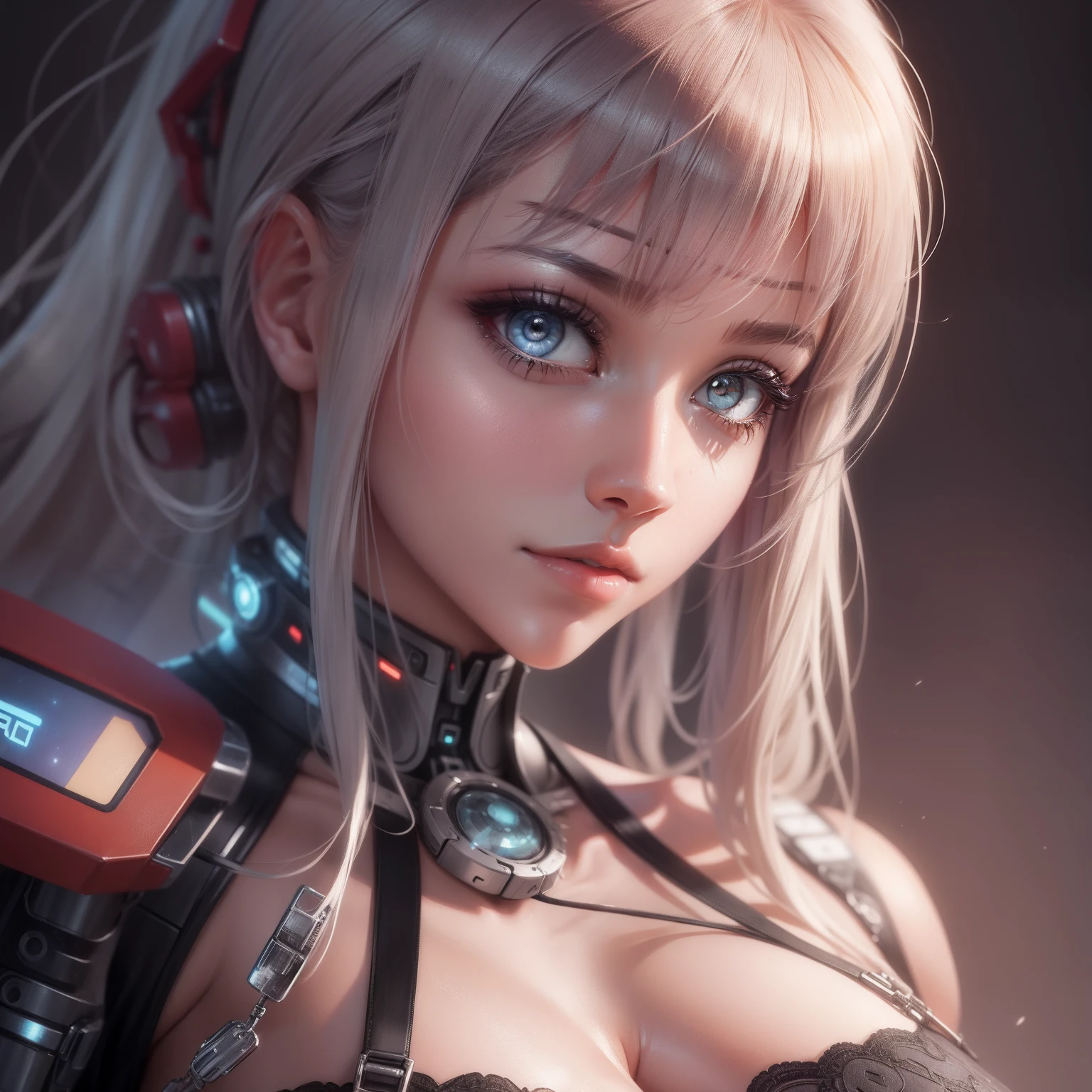 Beautiful cybernetic girl looking at camera underwear detailed muscles realistic masterpiece