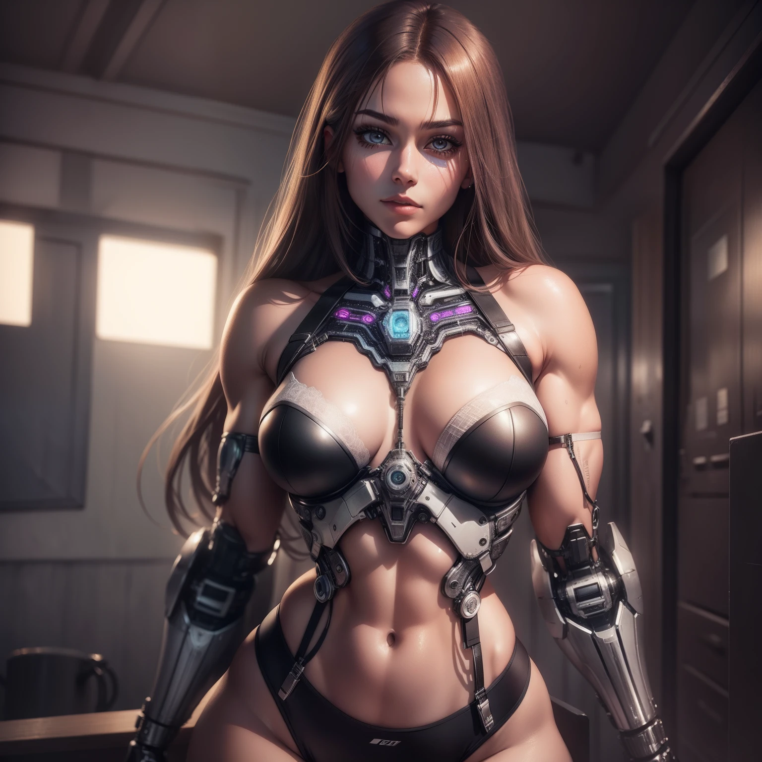 Beautiful cybernetic girl looking at camera underwear detailed muscles realistic masterpiece