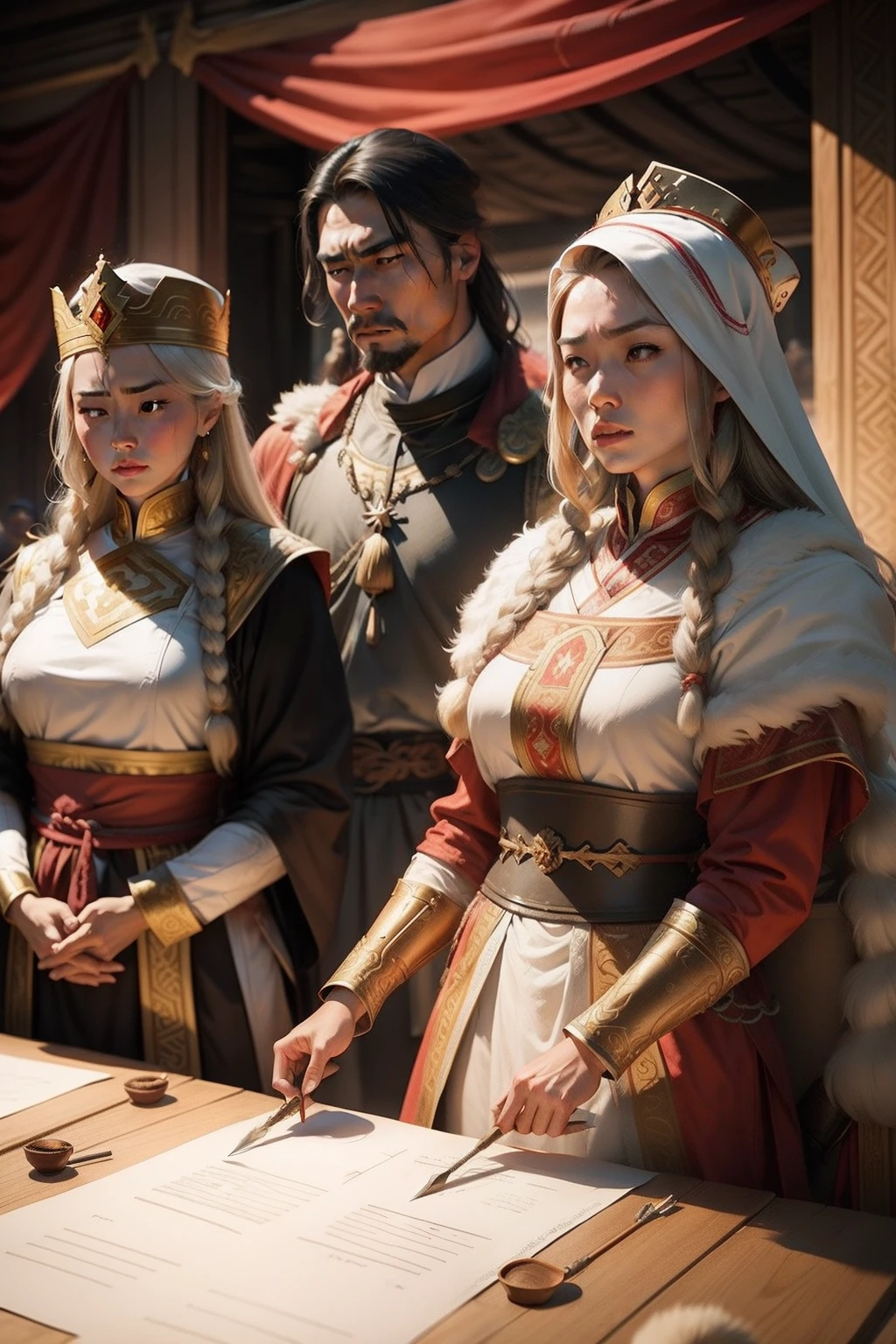 Illustrate a situation where a king allied with Genghis Khan is firing his other wives
