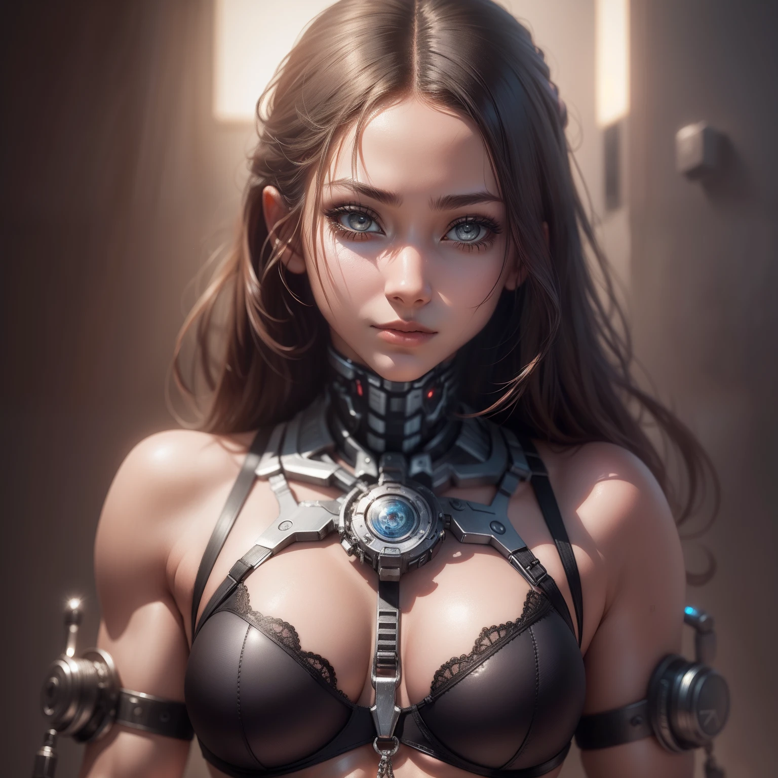 Beautiful cybernetic girl looking at camera underwear detailed muscles realistic masterpiece