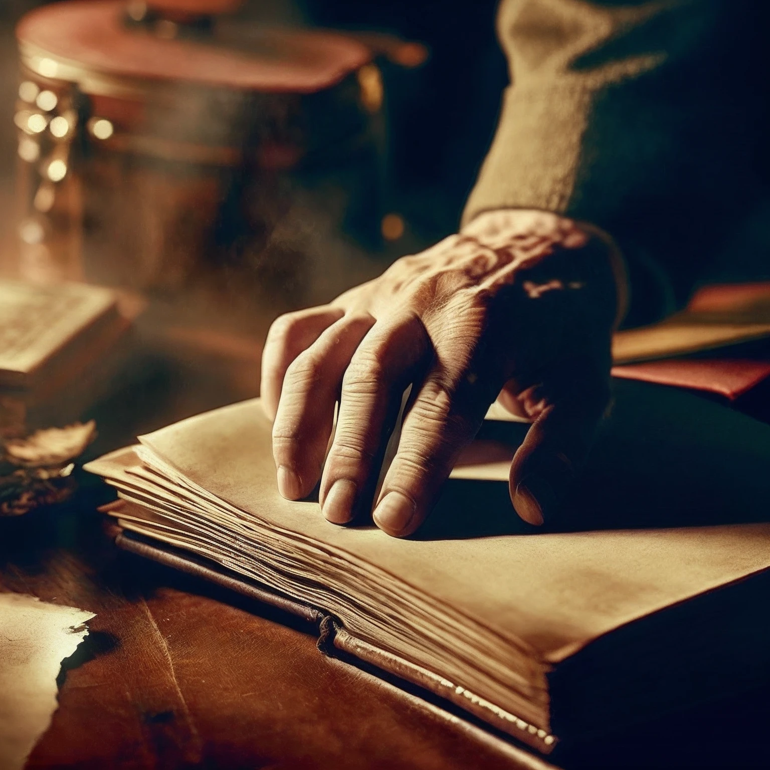 someone is reading a book on a table with a candle, holding spell book, holding grimoire, book in hand, papers and tomes, holding a tattered magical book, weathered pages, Livro velho acorrentado ao pulso, hand on table, com um livro vintage em uma mesa, imagem detalhada, coherent hands, livro antigo, fotografia manual, grimoire