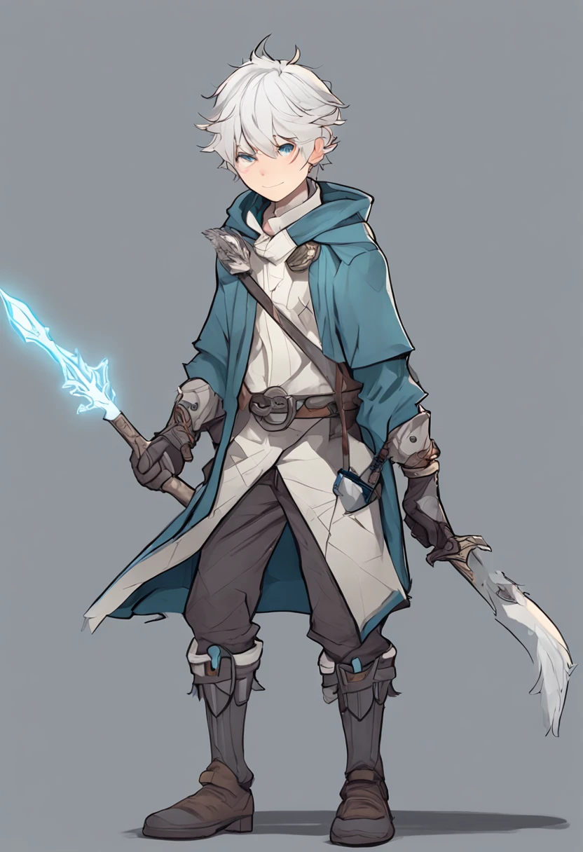 in character sheet portrait style, dungeons and dragons character, imagine a young snowy fox boy with staff, young male, poor with ragged clothing, arknights style, short hair, tired and hiding, snow based powers, light gray hair with azure colored eyes, dark stiched coat