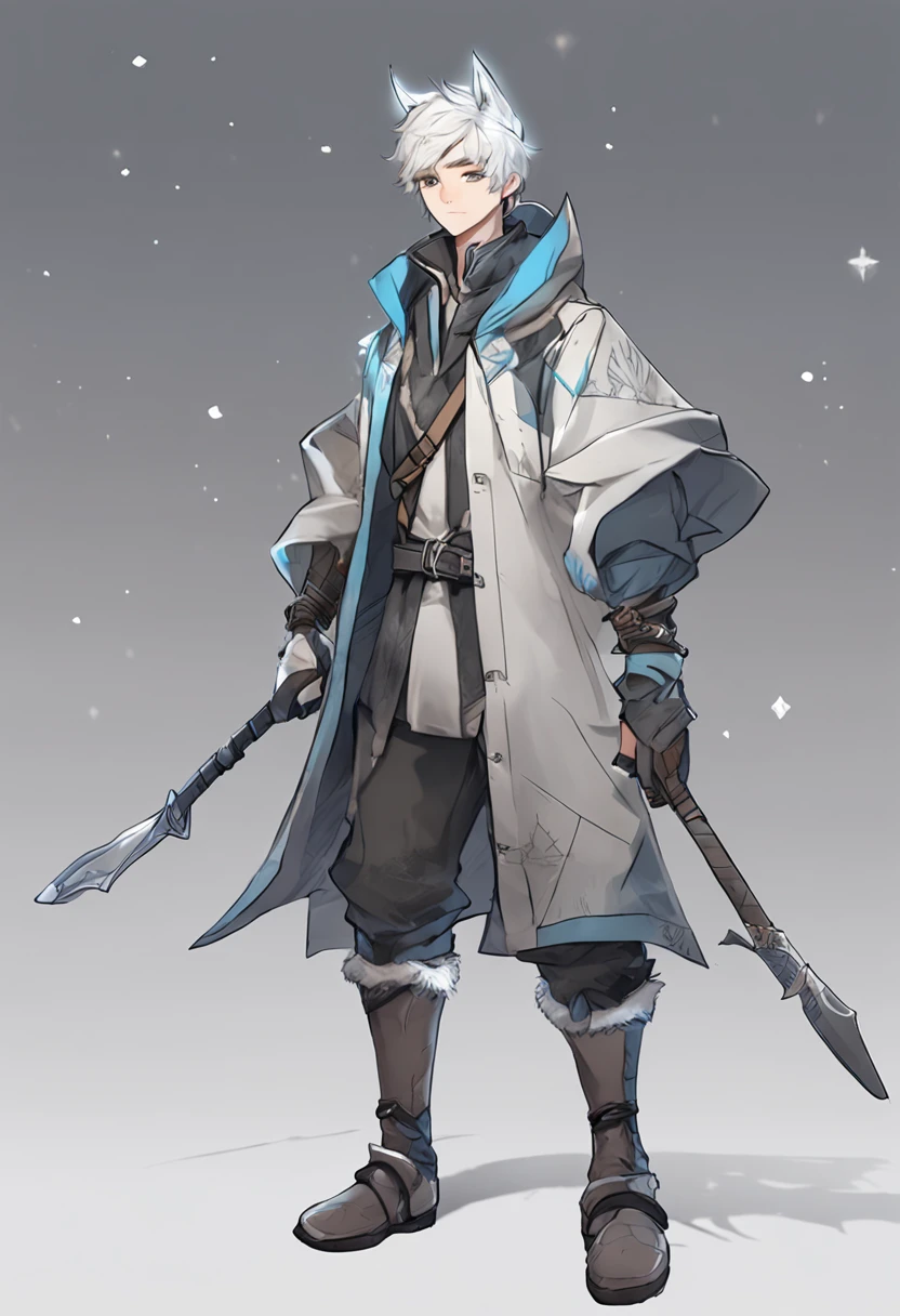 in character sheet portrait style, dungeons and dragons character, imagine a young snowy fox boy with staff, young male, poor with ragged clothing, arknights style, short hair, tired and hiding, snow based powers, light gray hair with azure colored eyes, dark stiched coat