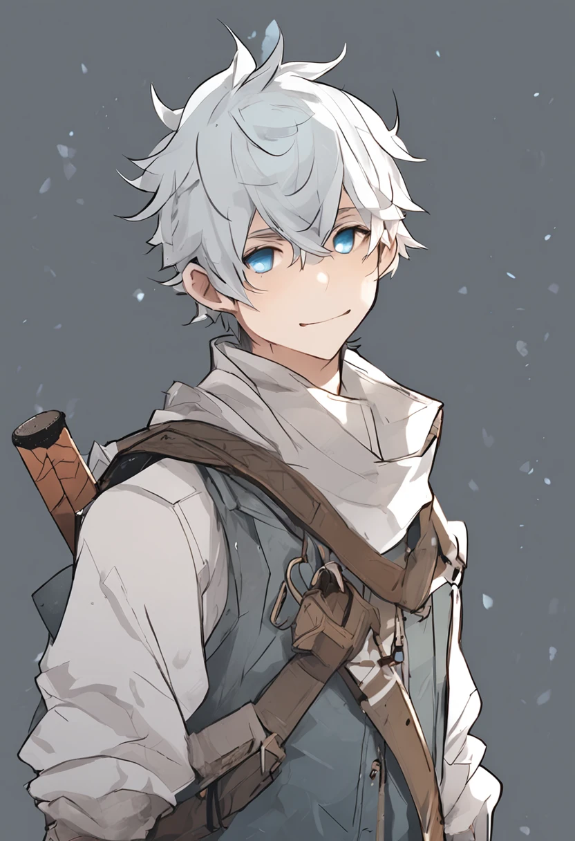 in character sheet portrait style, dungeons and dragons character, imagine a young snowy fox boy with staff, young male, poor with ragged clothing, arknights style, short hair, tired and hiding, snow based powers, light gray hair with azure colored eyes, dark stiched coat