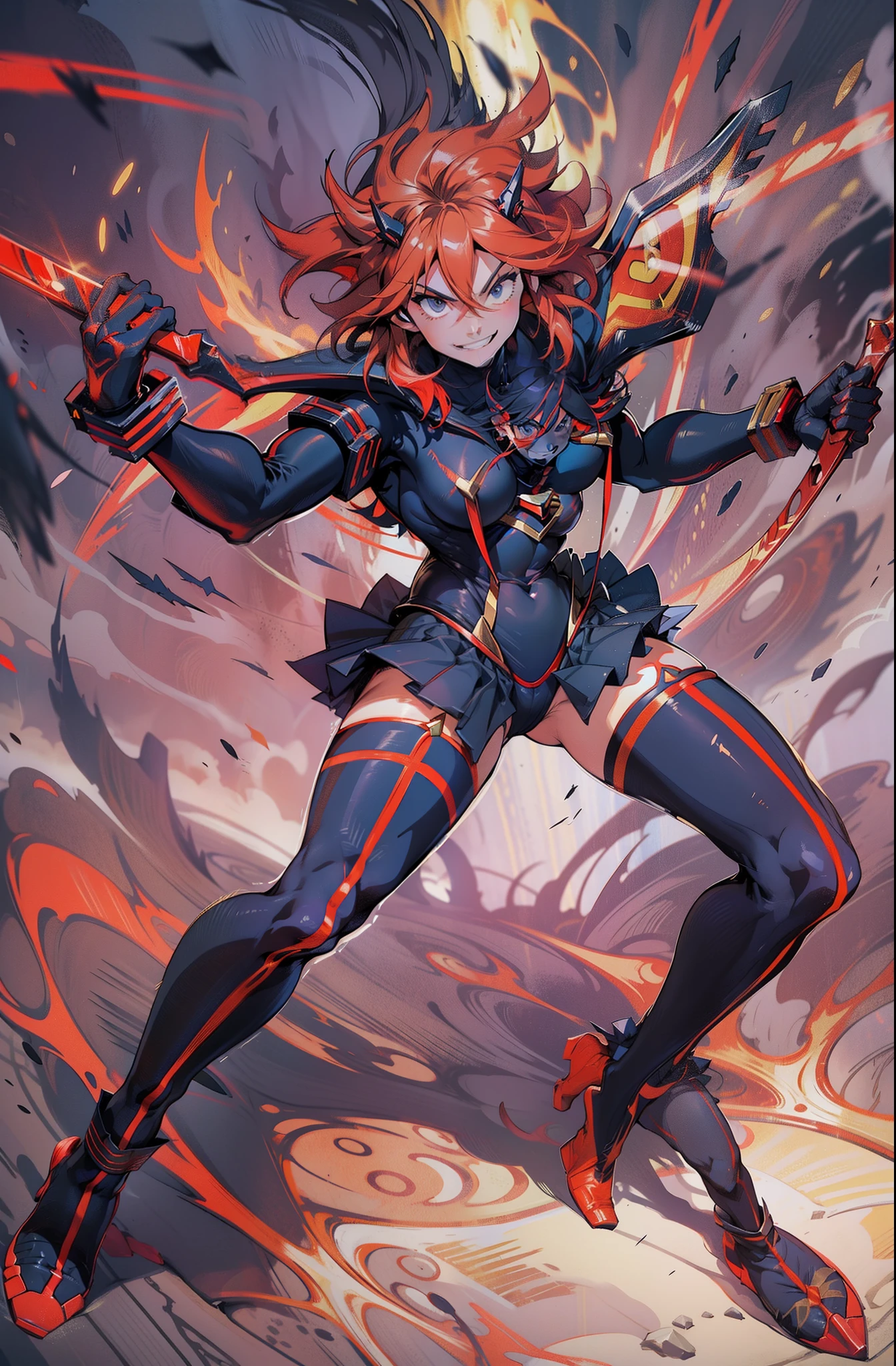 Anime, ryoko matoi,flying through the sky with black angel wings, golden leotard armor, In Battle, Chaos, shooting laser beams from hands, masterpiece ,pantyhose, boots,magicagirl body suit, large skirt, smile, long skirt,standing,smile forest,smile