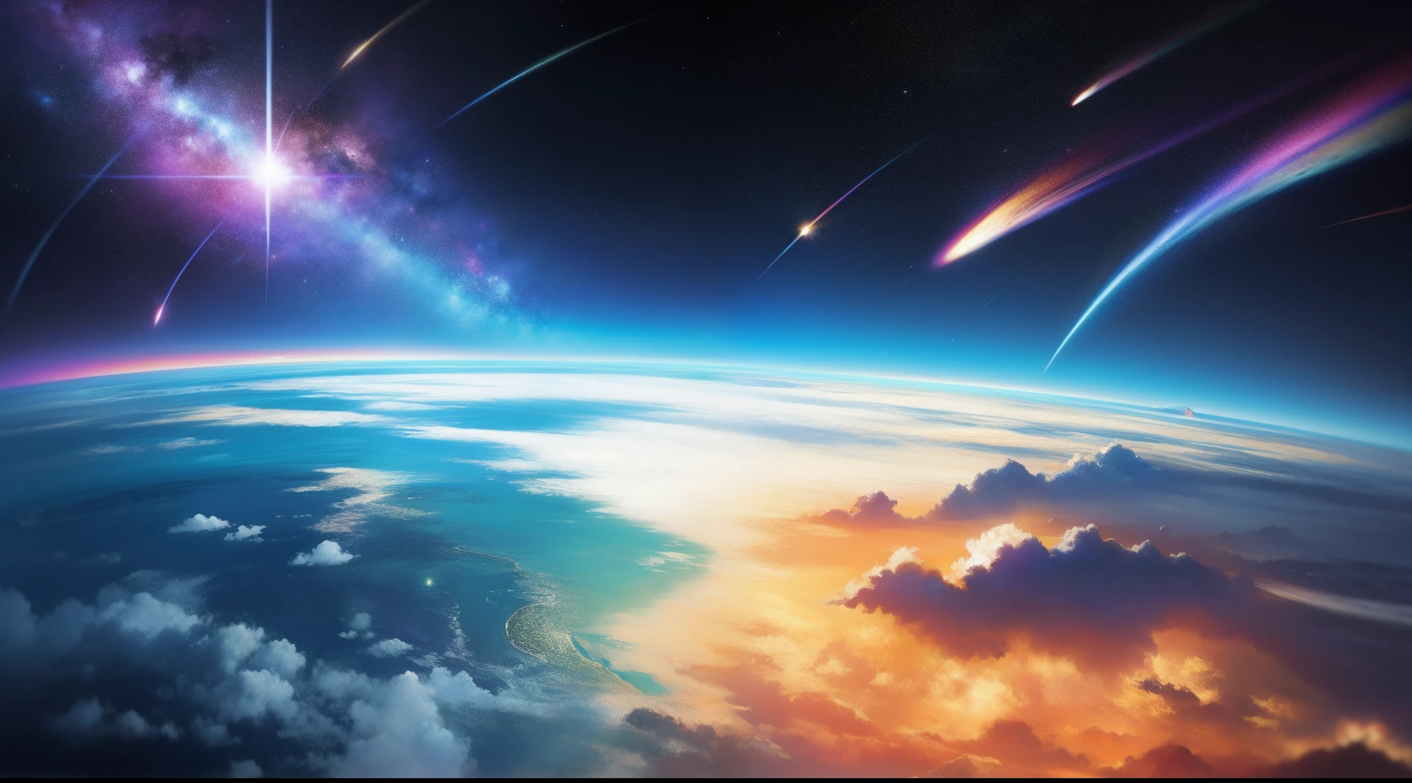 A colorful view on the galaxy with the sun, in the style of surrealistic juxtapositions, intricate landscapes, gravity-defying landscapes --niji 5