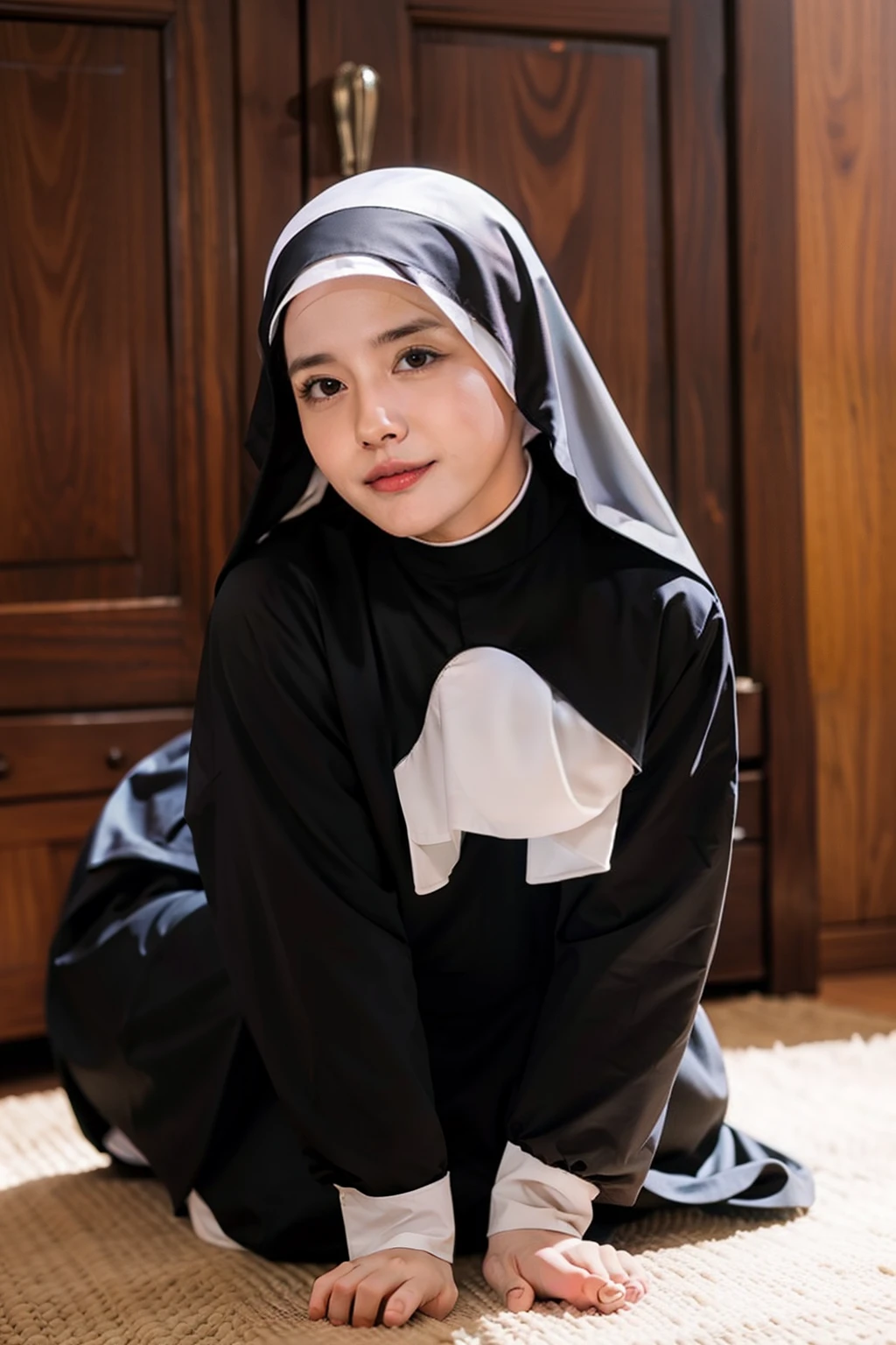 Beautiful, cute baby Face, 18 Years old Bella Hadid with hijab, cute face,super detailed face,detailed hand,beautiful skin,oily skin,big eyes,profeccional lighting,brown beautiful eyes, big smile,standing, (skirt lift:1.2),big breasts, (sailor suit),(checked skirt), panties, black high socks, spread legs, she is looking at the camera,classroom, from below,