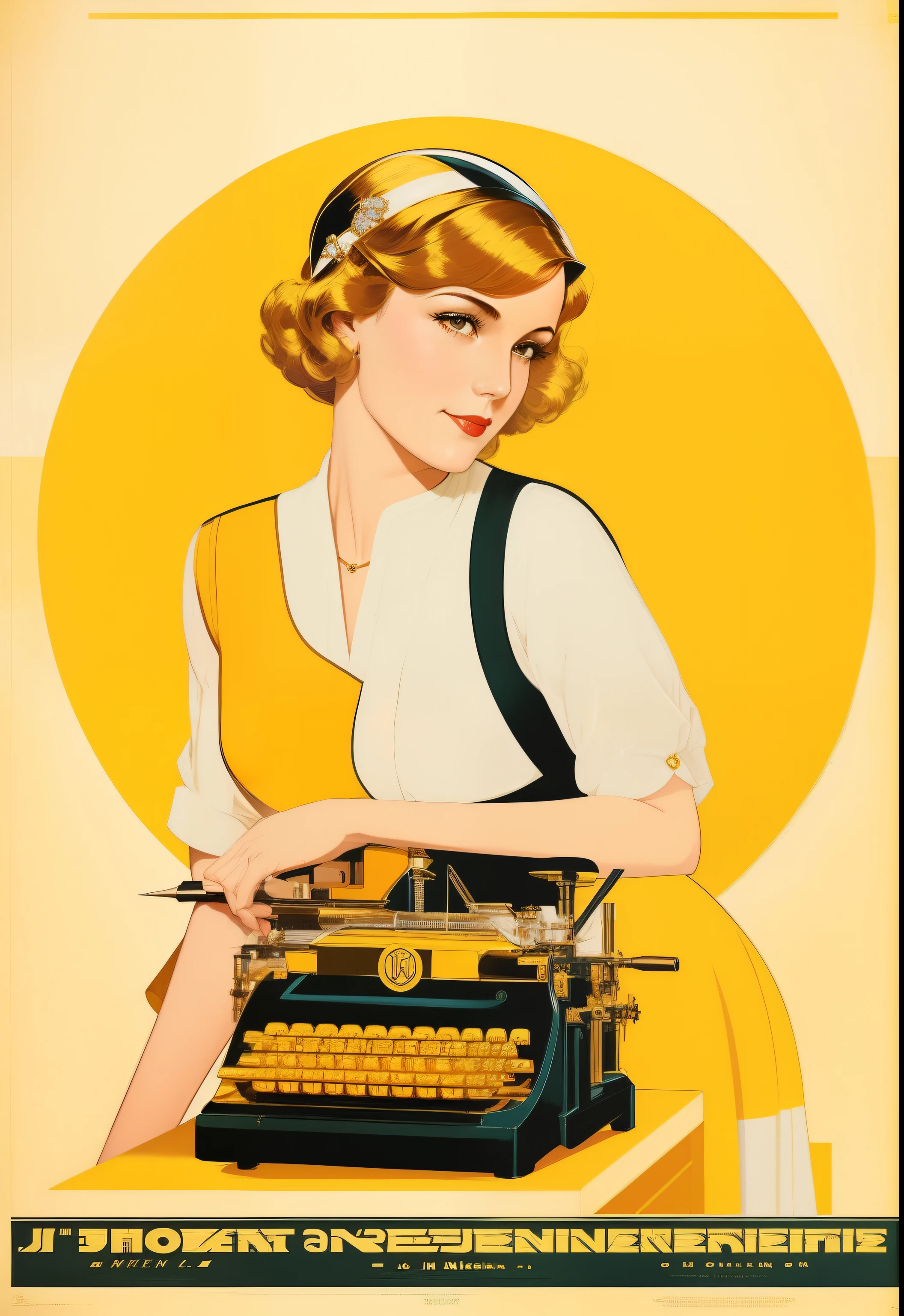 There is a woman sitting on a writing machine with a yellow background, inspirado em Coles Phillips, Nelson Kenton, beautiful retro art, Poster de Shephard Fairey, DiCas de Coles Phillips, J C LeyendeCker 8 K, j. C. LeyendeCker 8 K, retro poster, Directed by: Jose Comas Quesada, inspirado em J.C. LeyendeCker
