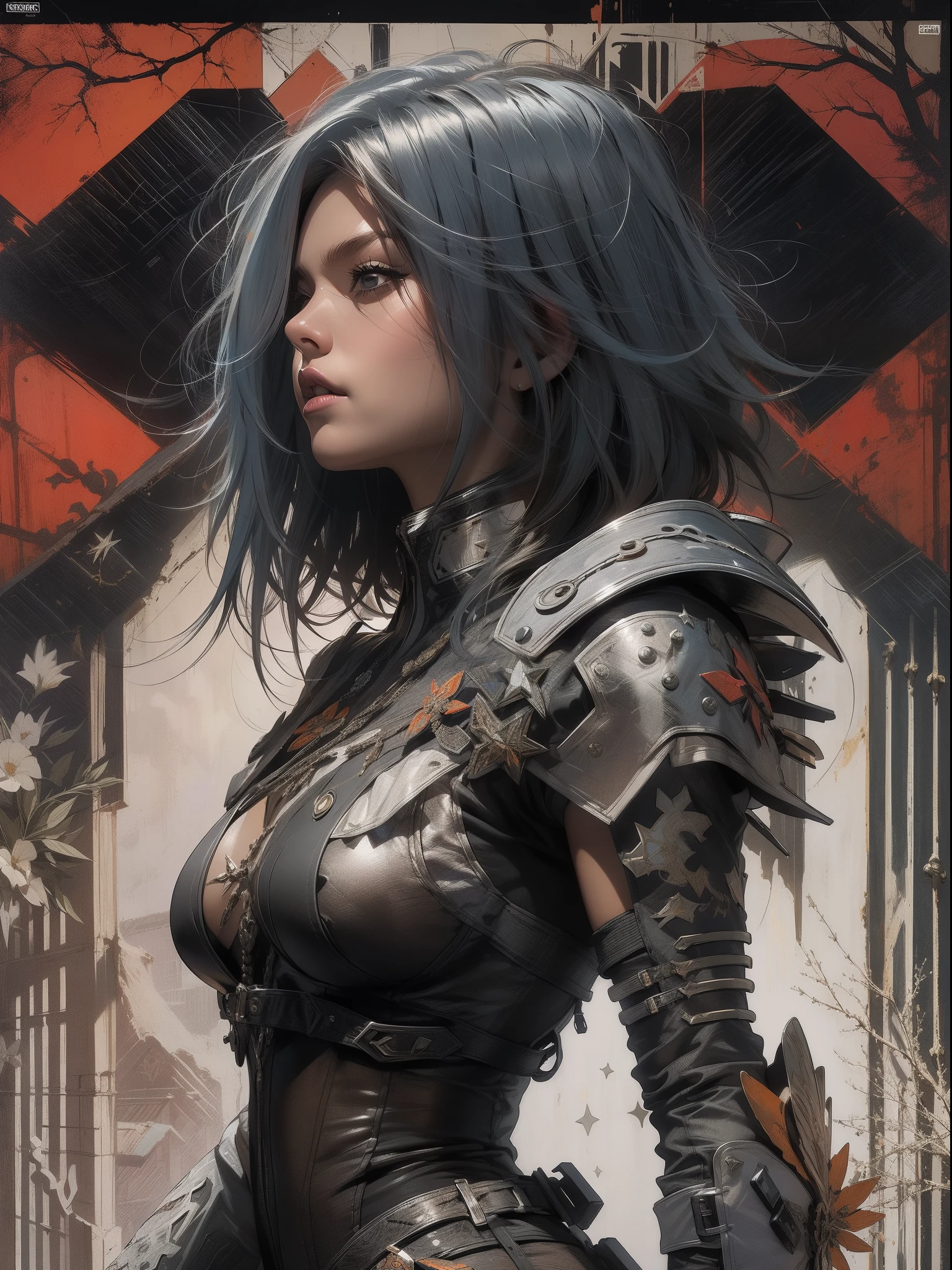 (((mulher))), (((melhor qualidade))), (((obra prima))), (((adulto))), (((1girl))), ((( corte de cabelo bob ))), Uma gladiadora cyberpunk mulher de 25 anos com corpo perfeito, shoulder pads with metal spines, Gladiadores do Brooklyn, (( corte de cabelo bob )), tiny leather panties, camiseta de time de rugby rasgada, quase nua no estilo selvagem urbano de Simon Bisley para a capa da revista Heavy Metal, Cabelo loiro curto, Minimum clothing, Metal protection on the left arm with intricate graphics, dark orange with white stars and white and purple checkerboard pattern, armadura, cheio de pontas e rebites, (((do joelho pra cima))), cabelos loiro branco curto, no fundo uma parede pintada por Shepard Fairey com um design intrincado