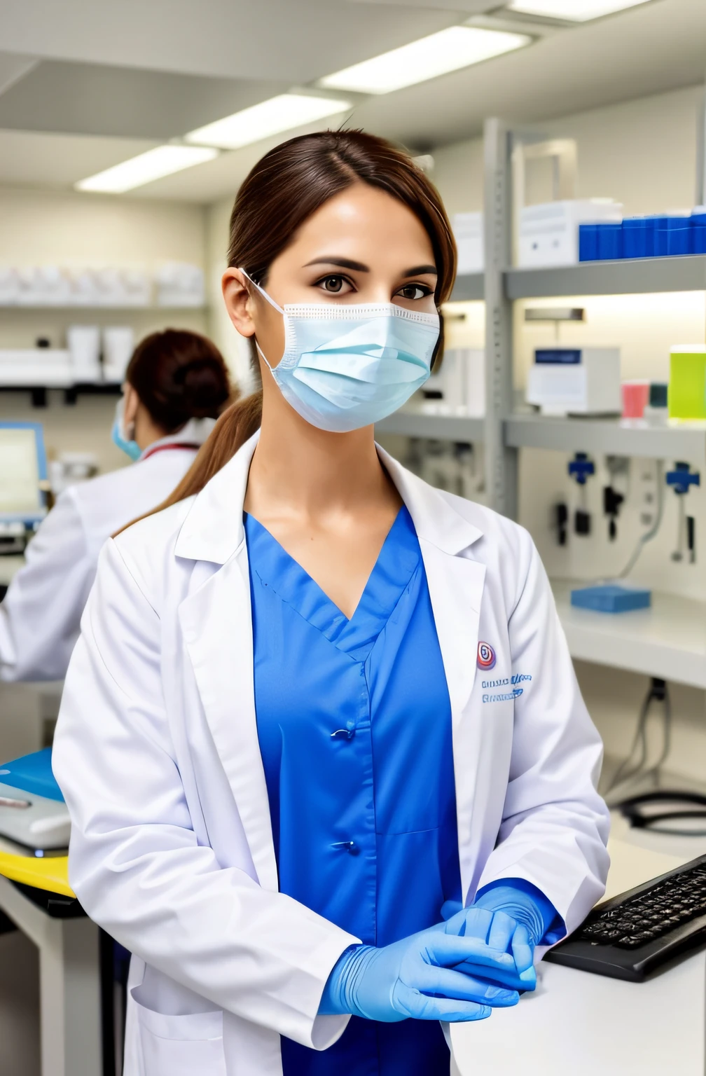 Crie um, Attractive image that represents a clinical analysis laboratory's commitment to health and innovation. Na parte superior da imagem, no centro da imagem, Highlight for a well-lit clinical analysis laboratory, with modern and advanced equipment. inside laboratory, Position healthcare workers dressed in white lab coats, gloves and masks, Working together with focus and dedication. Ensure that professionals are smiling and showing confidence in their work. Around the lab, Add graphics and icons related to technology and artificial intelligence to represent lab innovation. Use vibrant colors that convey a sense of vitality and hope. That this image contains male professionals as well! Imagem para a capa de um livro! (obra-prima), (qualidade superior), (super detalhe),