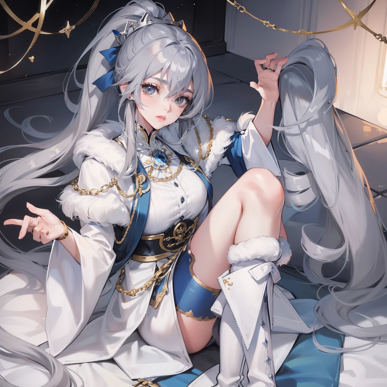 Girl, gray wavy hair with blue strands, gathered in a high ponytail, gray eyes, royal attire, fur jewelry, calm look, high boots, white clothes, goddes of ice