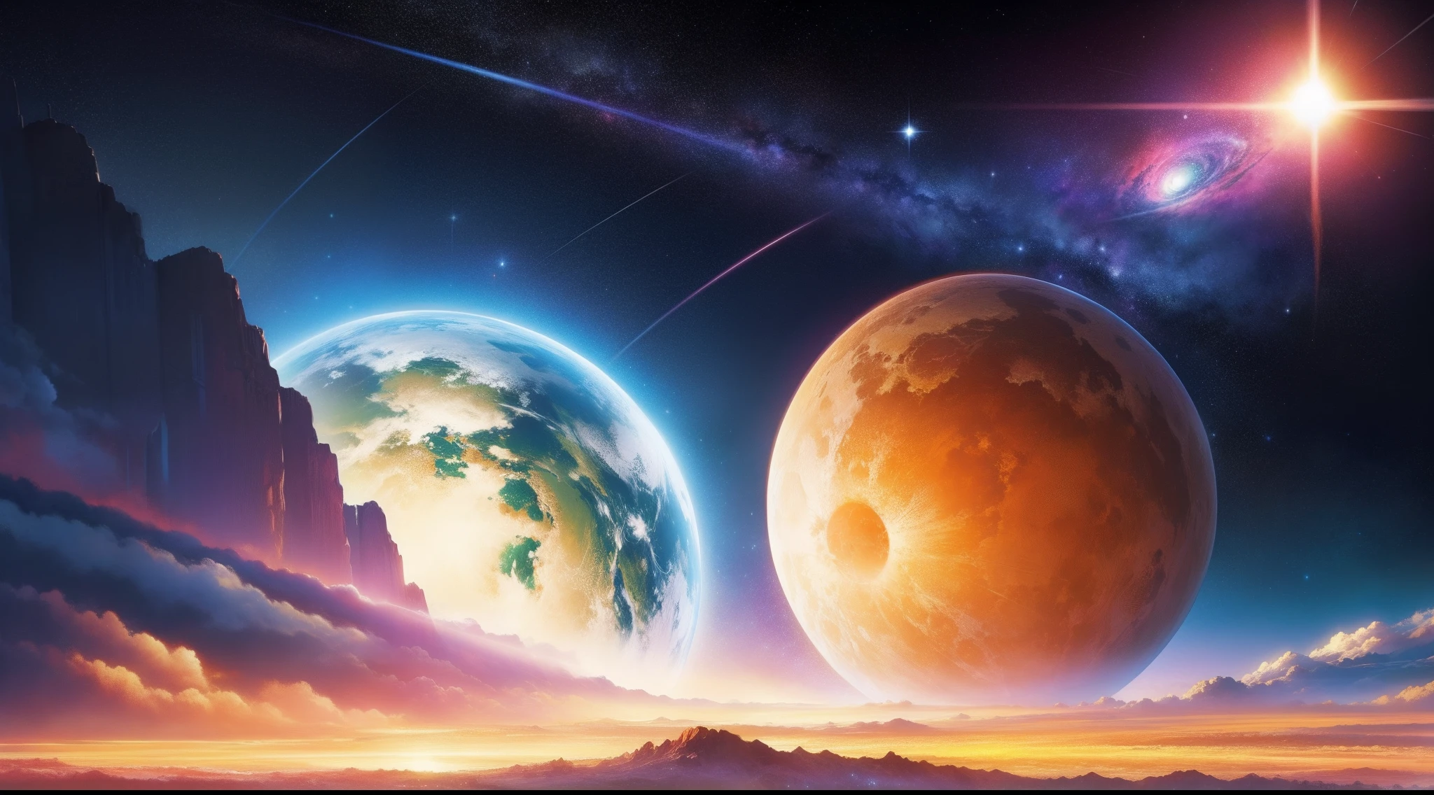 A colorful view on the galaxy with the sun, in the style of surrealistic juxtapositions, intricate landscapes, gravity-defying landscapes --niji 5