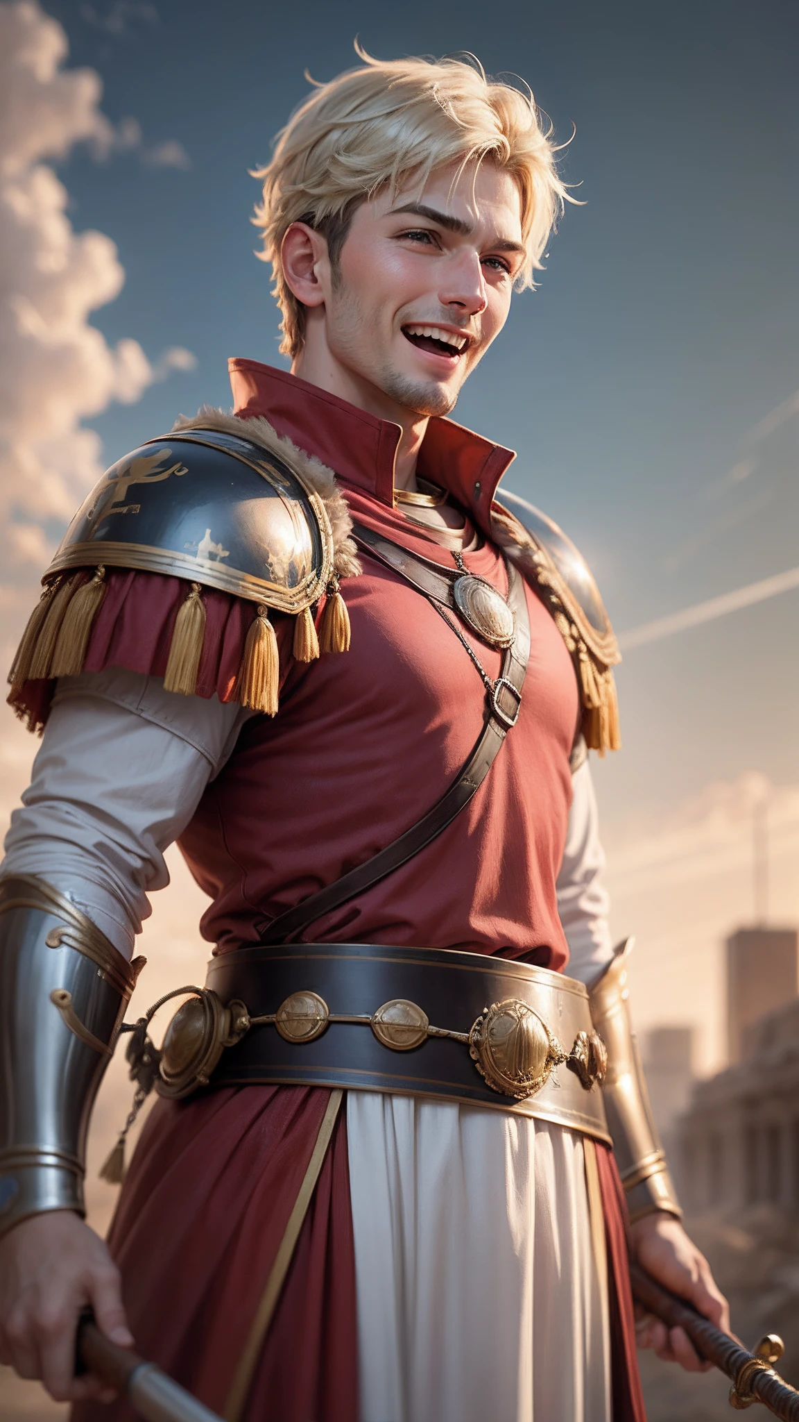 male roman legionary with spear and red robe laugh realistic, HD, 4k --auto --s2