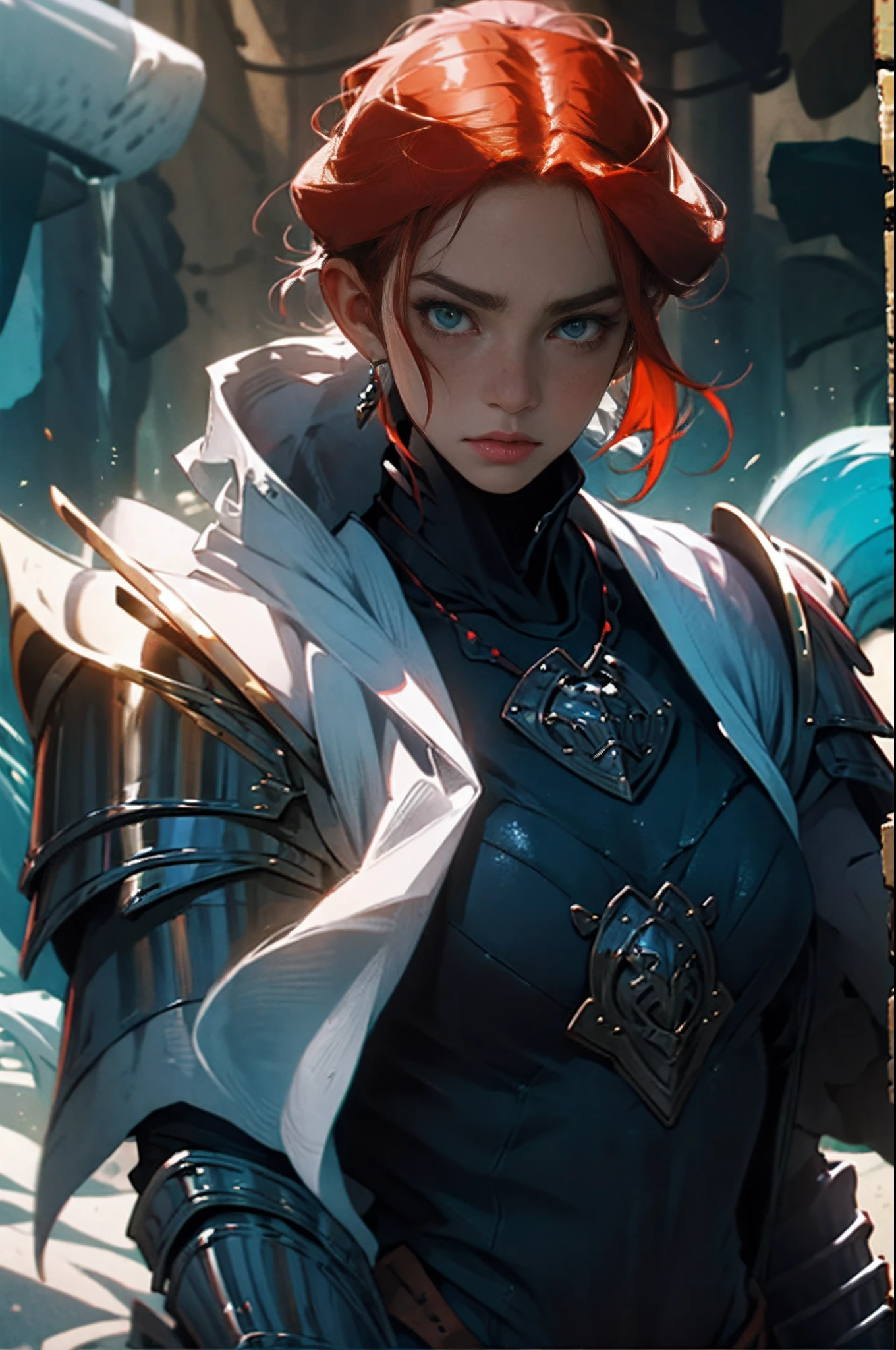 redhead woman armor casual clothes