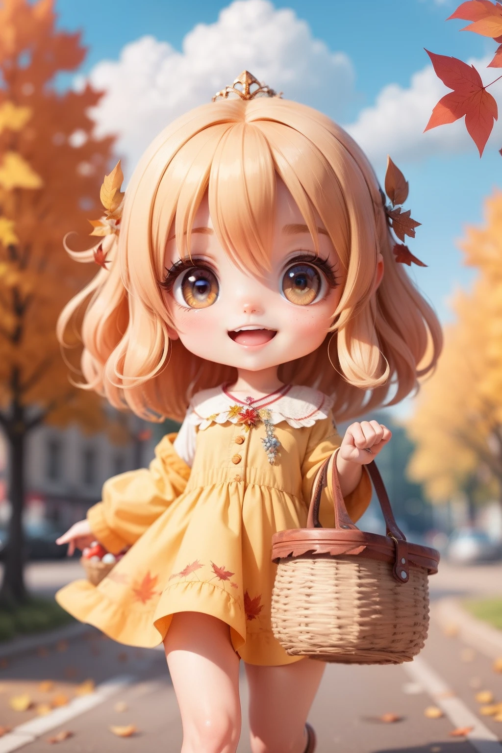 masutepiece,Best Quality,Ultra-detailed, One girl walking down the street,Hold a basket full of fallen red leaves,Chibi,Full body,Smile,Open mouth,:3,blush,Outdoors,Maple leaves are falling,Blue sky and white clouds,Pale yellow dress,Hair Ornament,Beautiful background,Blurry, (beautifull detailed face), (Beautiful detailed eyes),