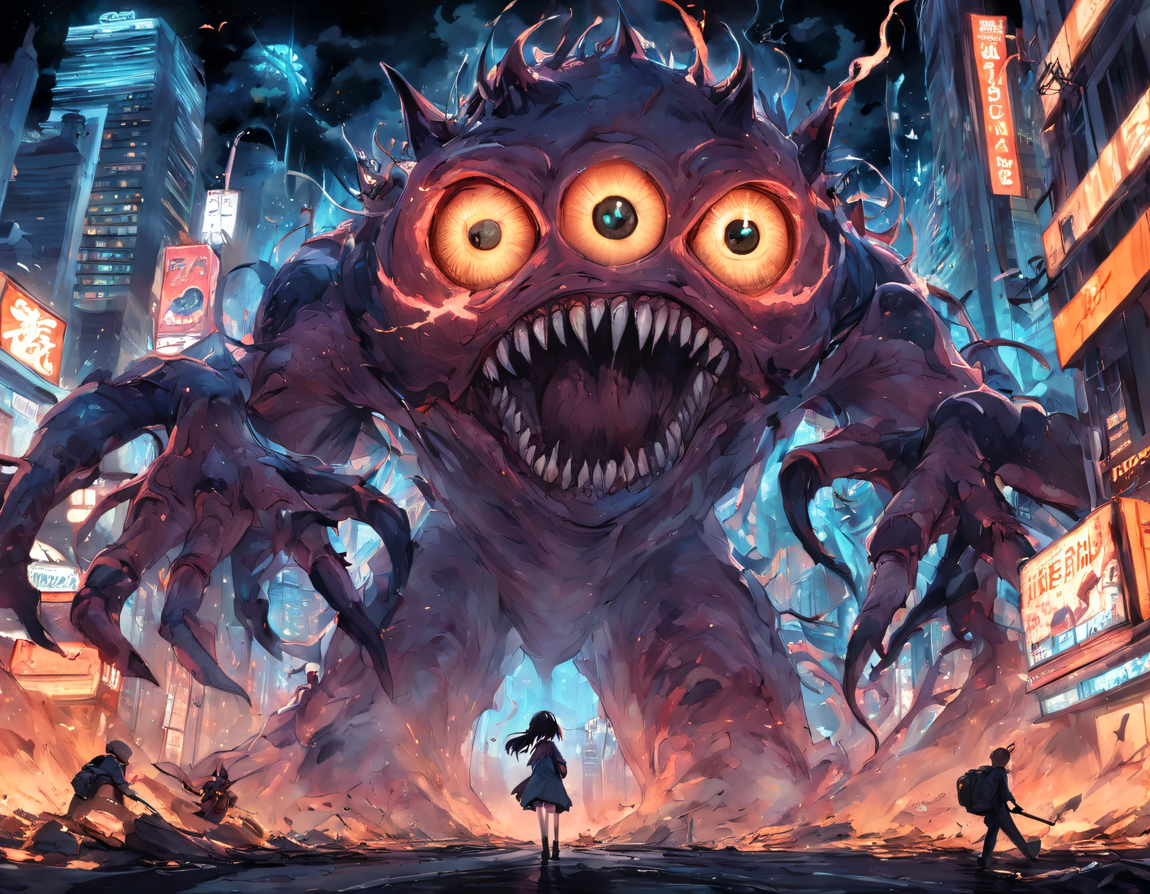 Monstruo de muchos ojos, invasion de monstruos, fondo:ciudad, explosiones, autos, edificios