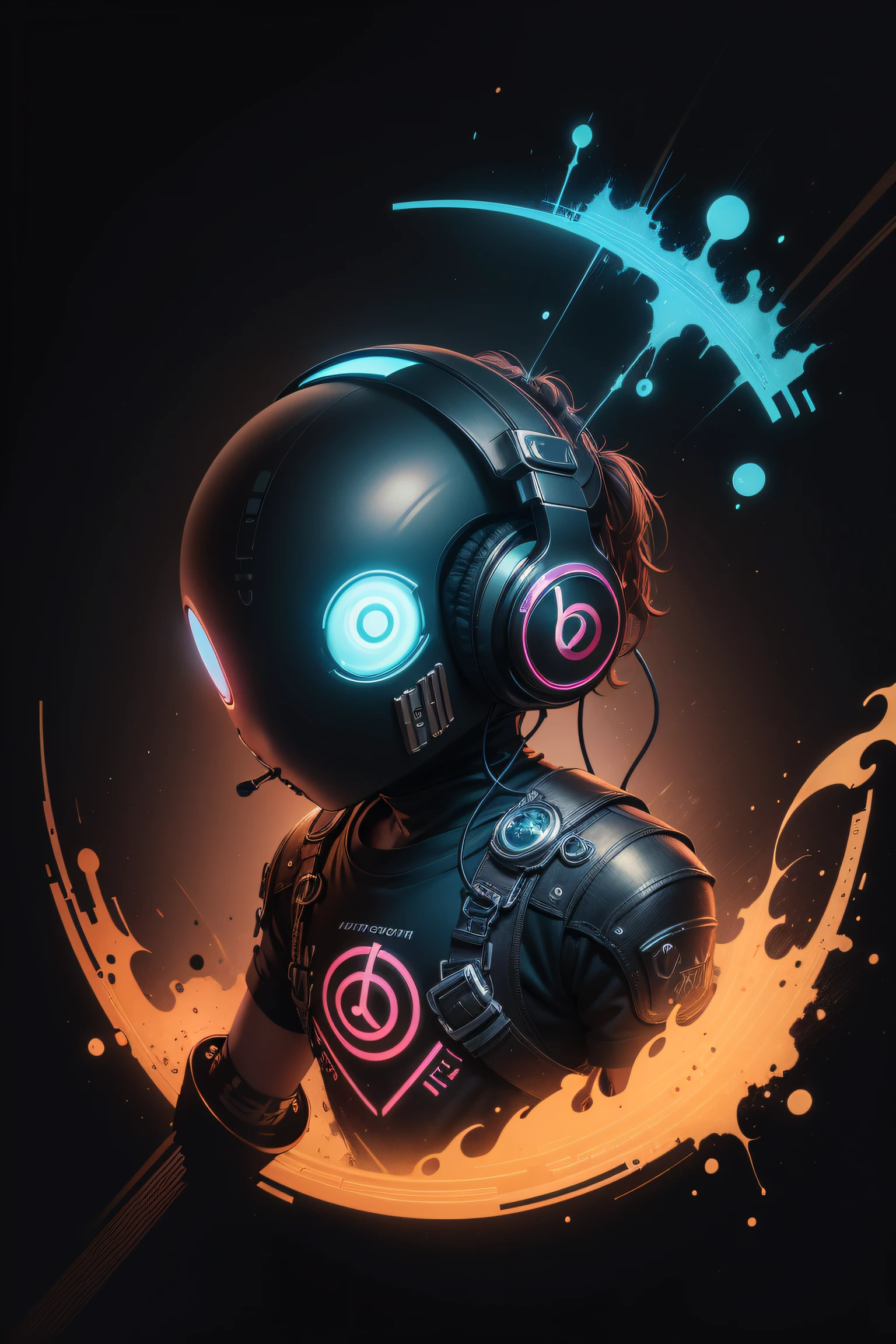 ready to print tshirt , steampunk alien using beats dj headphones , black background, volumetric lighting, vector style, kind a rounded logo , artistic rounded multi liquid gel colors, splash effect