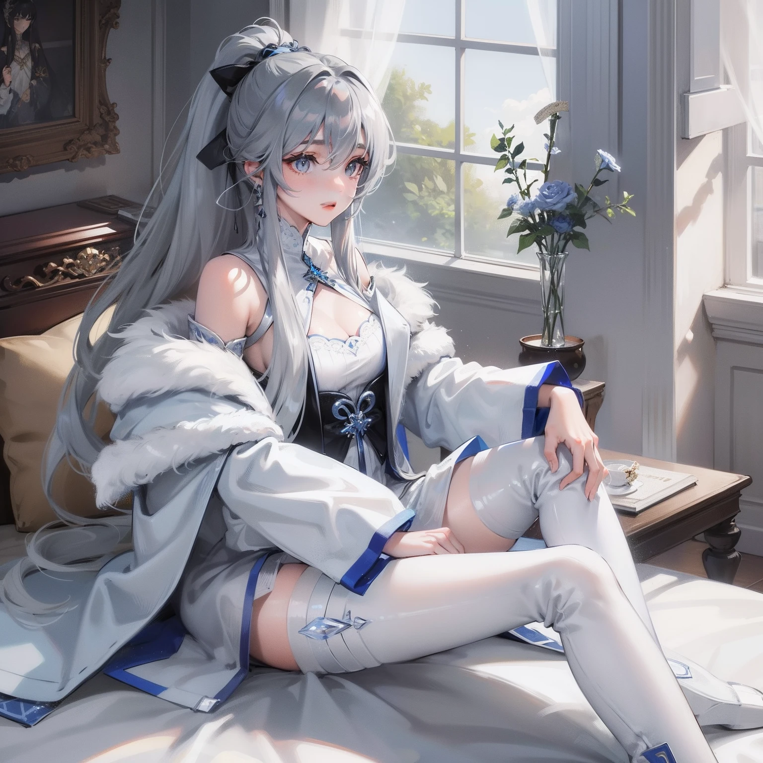 Girl, gray wavy hair with blue strands, gathered in a high ponytail, gray eyes, royal attire, fur jewelry, calm look, high boots, white clothes, goddes of ice