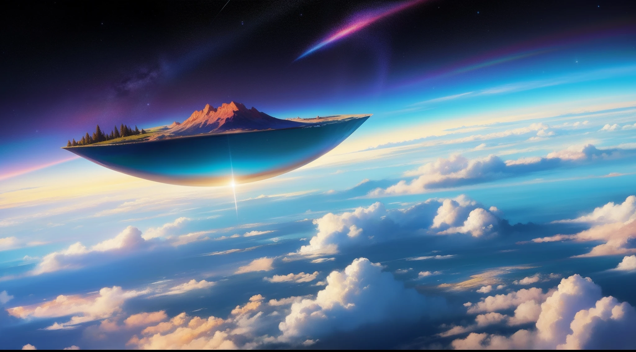 A colorful view on the galaxy with the sun, in the style of surrealistic juxtapositions, intricate landscapes, gravity-defying landscapes --niji 5