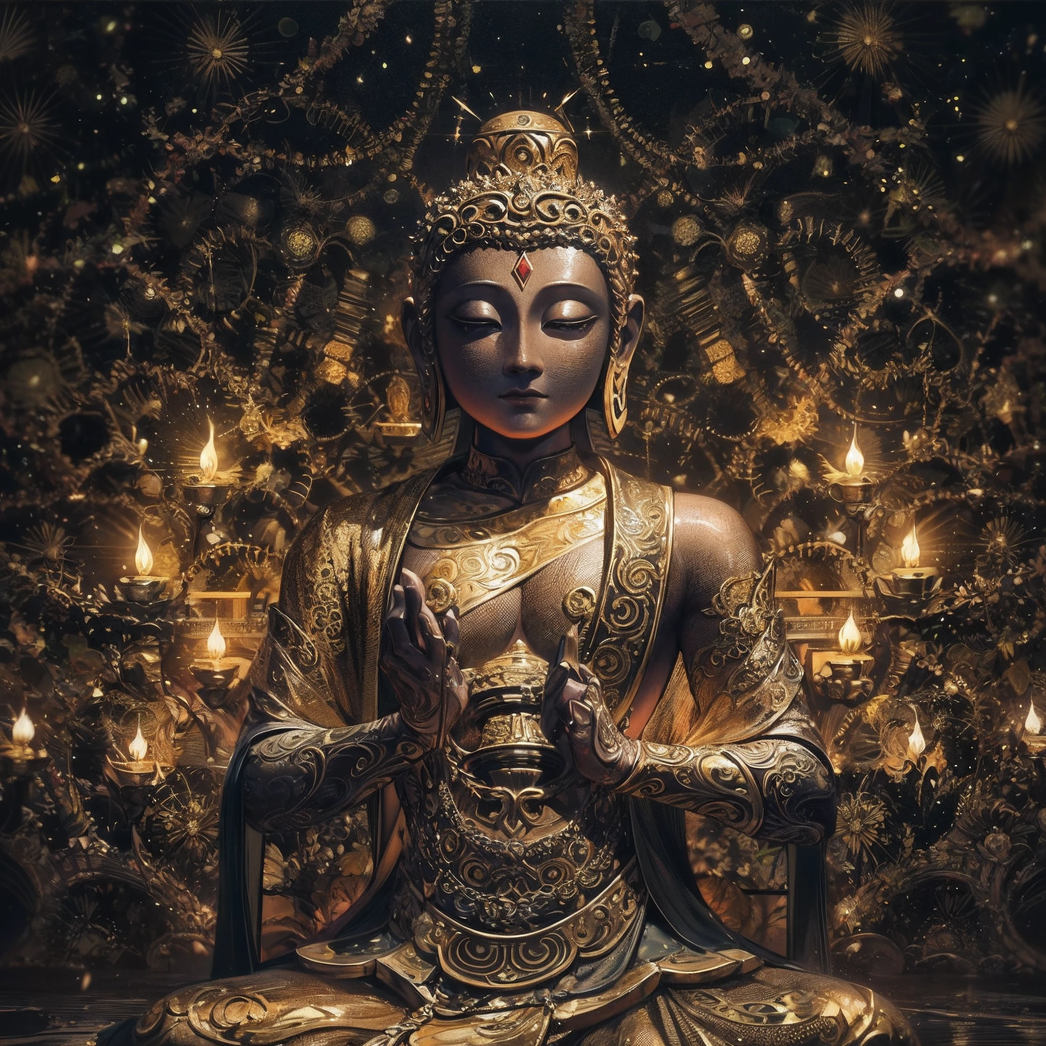A golden male Buddha statue, frontal portrait, with a censer in front, against a background of the dark cosmos, Photo taken with Sony a7R camera, taken with sigma 20mm f1.4, Beautiful image, surrealism, Cinematic lighting, god light, back lit lighting, Textured skin, Super detail, intricate details, full body