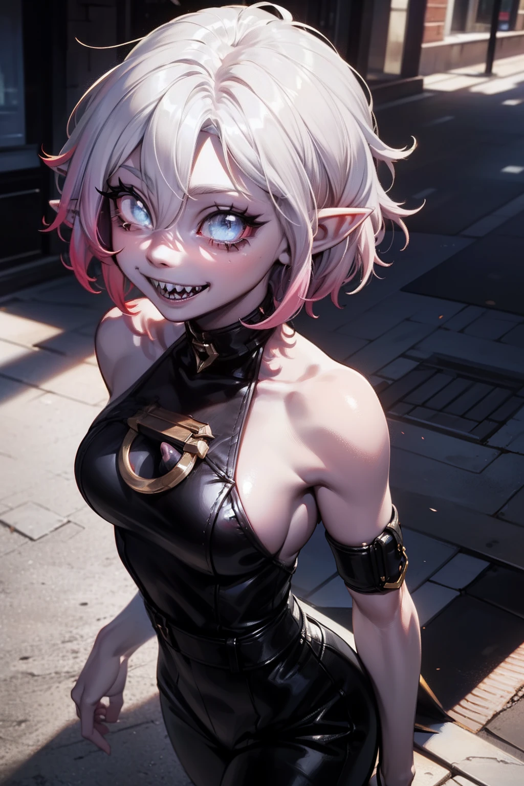 (masterpiece, best quality, ultra-detailed), 1girl, BriarLoL, grey skin, white hair, short hair, (pointy ears, sharp teeth), looking at viewer, walking, smile, in the city, aerial shot