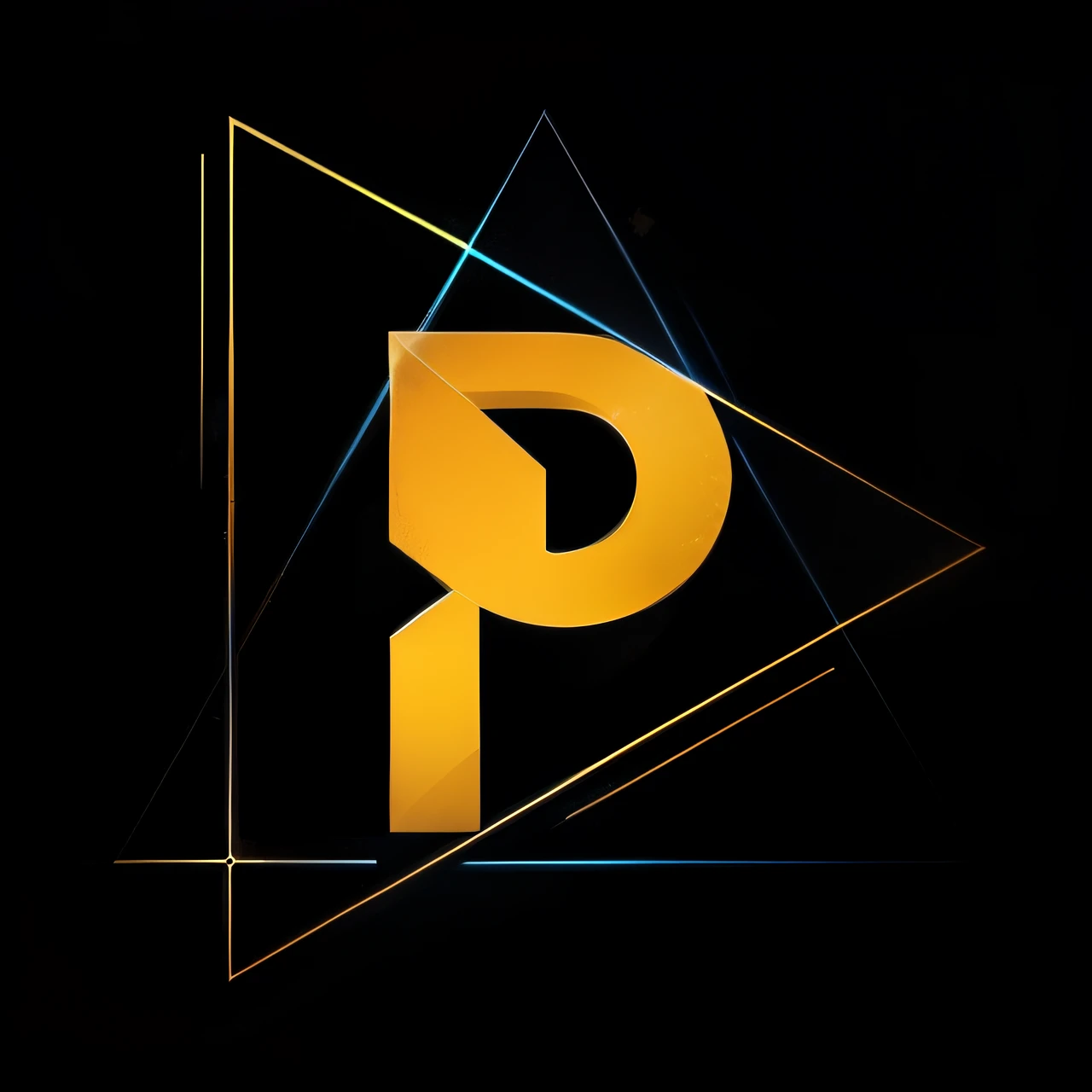 There is a letter P in the center and behind there are two triangles, um amarelo, outro azul com o fundo preto alta qualidade.