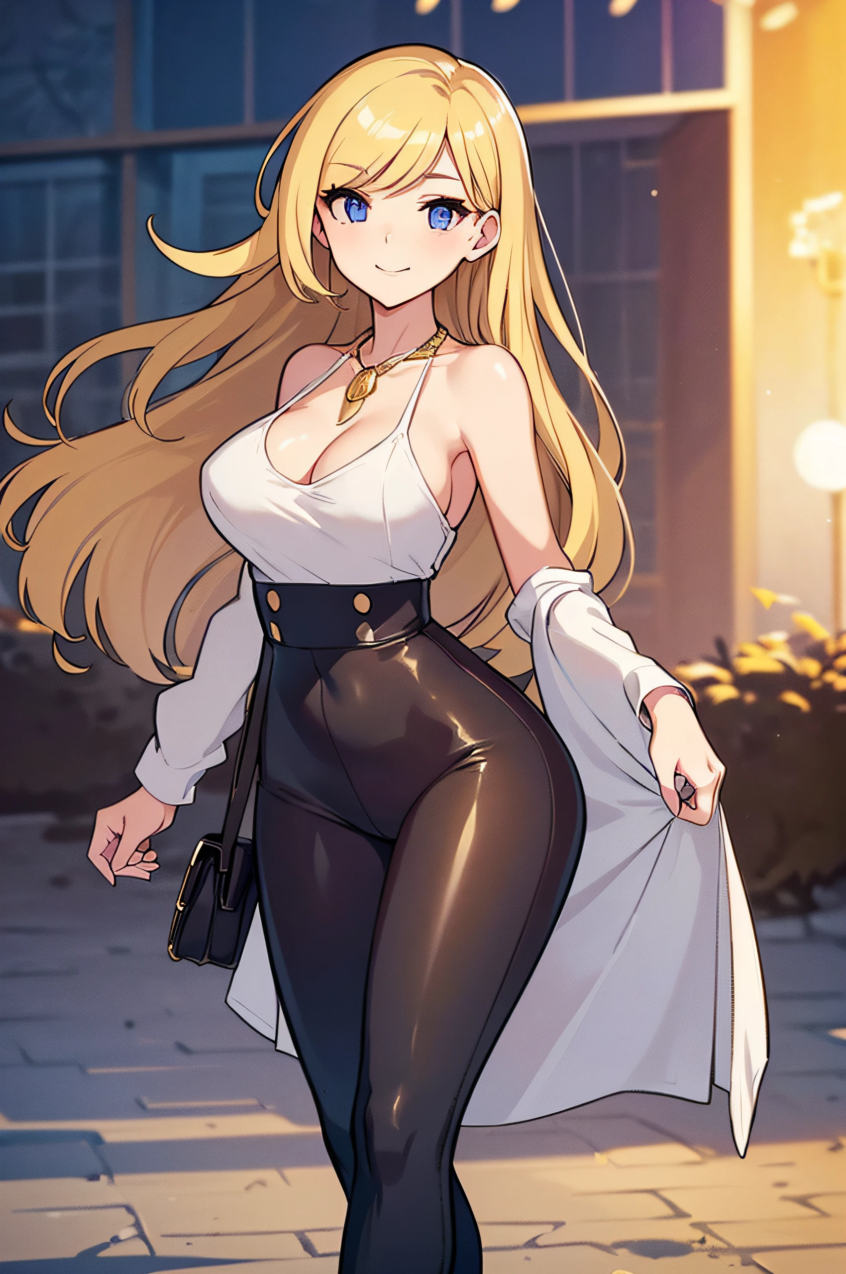 blonde hair color,long hair,hime cut,light brown eyes,corset, black long skirt,earrings,huge breasts,Whipped thighs,slender,near,street background,SFW,perfect,high quality,faultless,smile