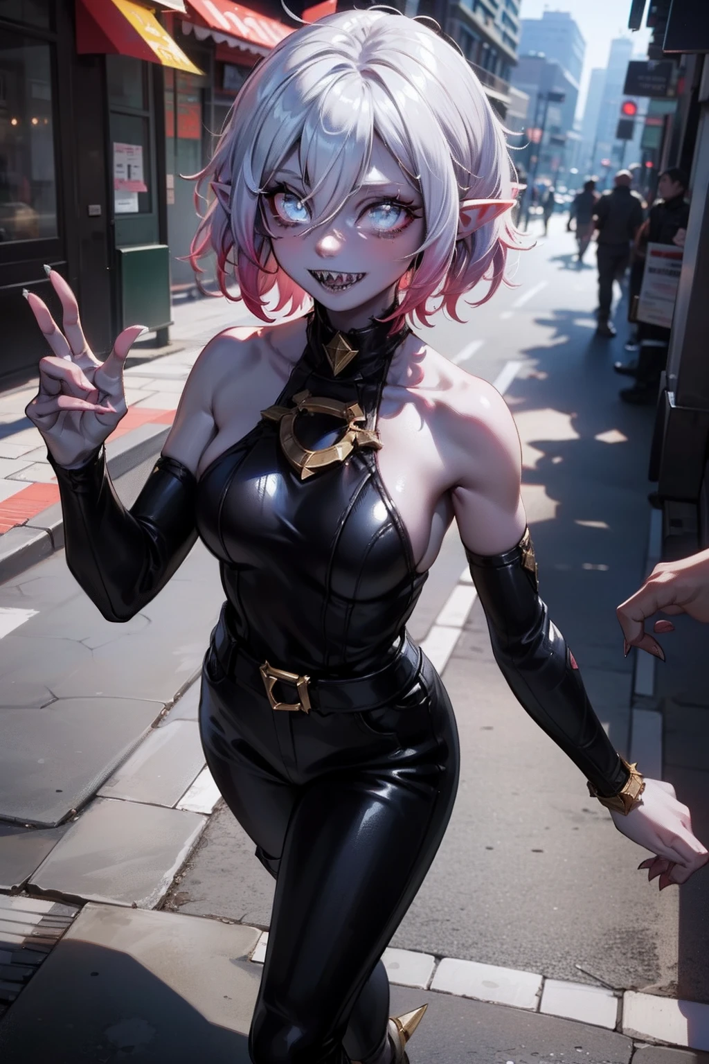 (masterpiece, best quality, ultra-detailed), 1girl, BriarLoL, grey skin, white hair, short hair, (pointy ears, sharp teeth), looking at viewer, walking, smile, in the city, aerial shot