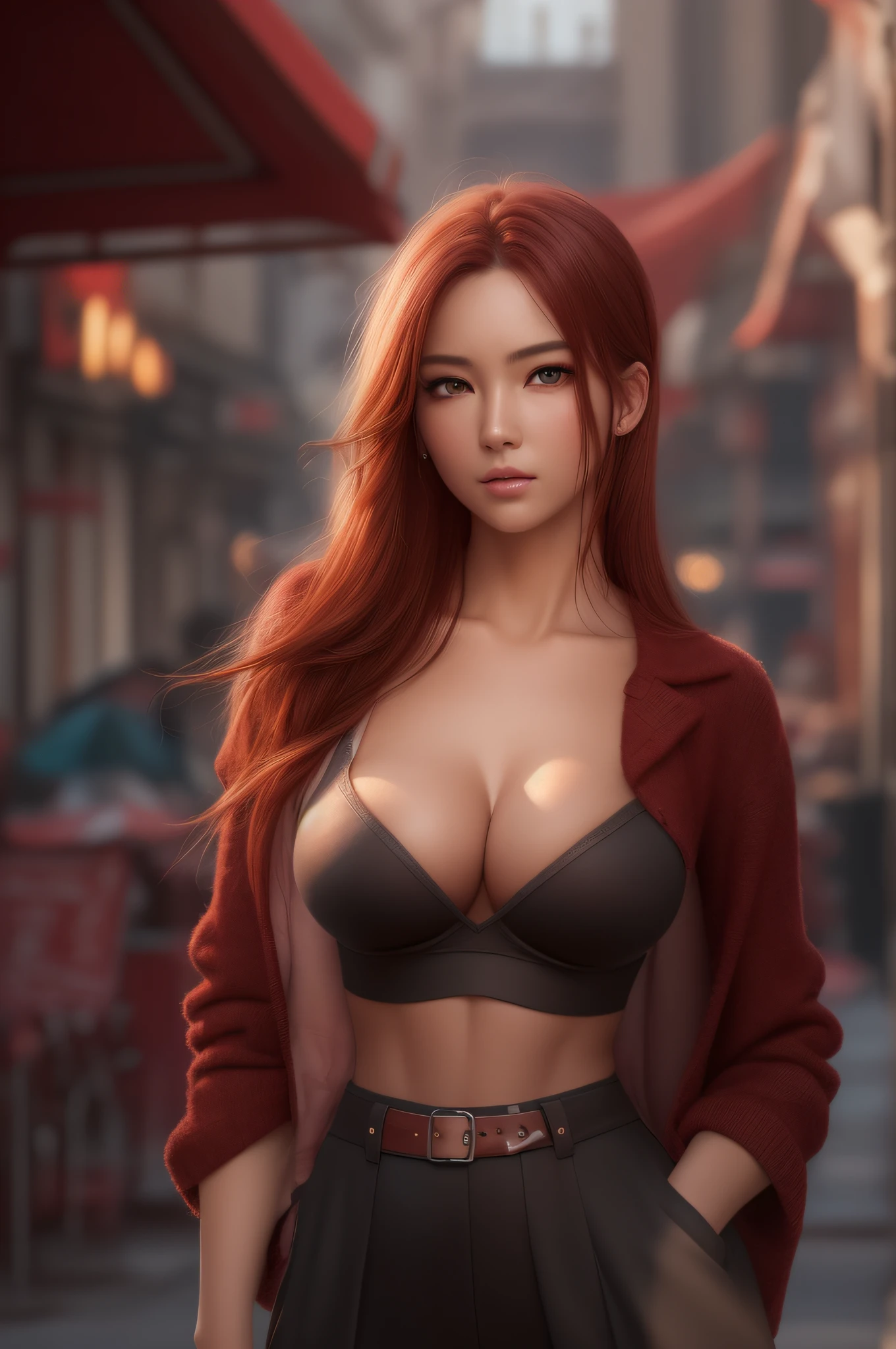 ((Best quality, 8k, Masterpiece :1.3)), Sharp focus :1.2, A pretty woman with perfect figure :1.4, Slender abs :1.2, ((Dark red hair, Very big breasts :1.2)), (Natural light, City street:1.1), Highly detailed face and skin texture, Detailed eyes, Double eyelid