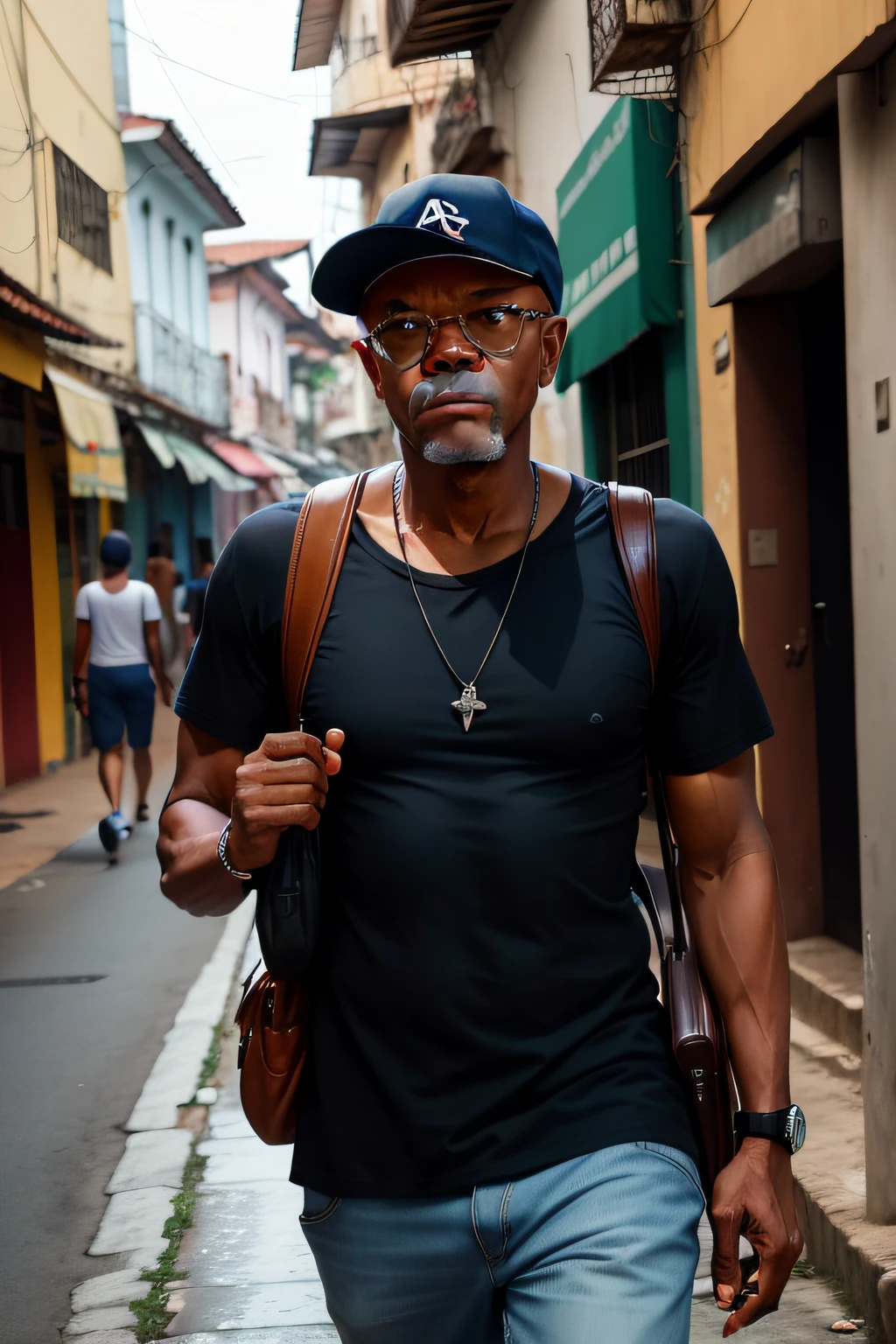 Samuel L. Jackson with a camera in his hand, andando na cidade de Salvador no Brasil
