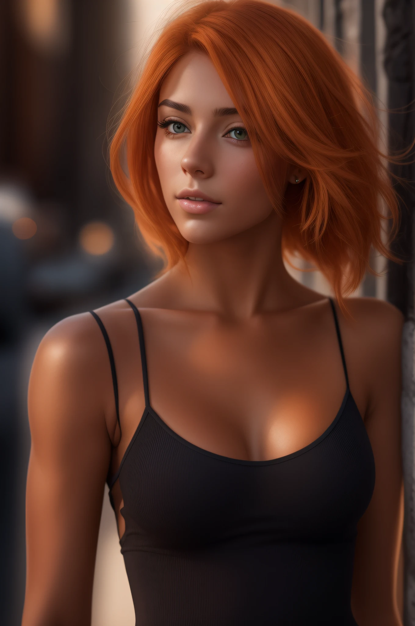 Front bodyshot of 25yo European woman, pointing at camera, orange hair, serious, (amazing tanned skin detail: 1.4), (natural skin: 1.2), (pores: 0.6), makeup, (detailed eyes: 1.2), black background, studio, light border, dark atmosphere, (bokeh: 1.2), photography, cinematic, photorealistic, ultrarealistic, fit girl, skintight dress, perfect figure