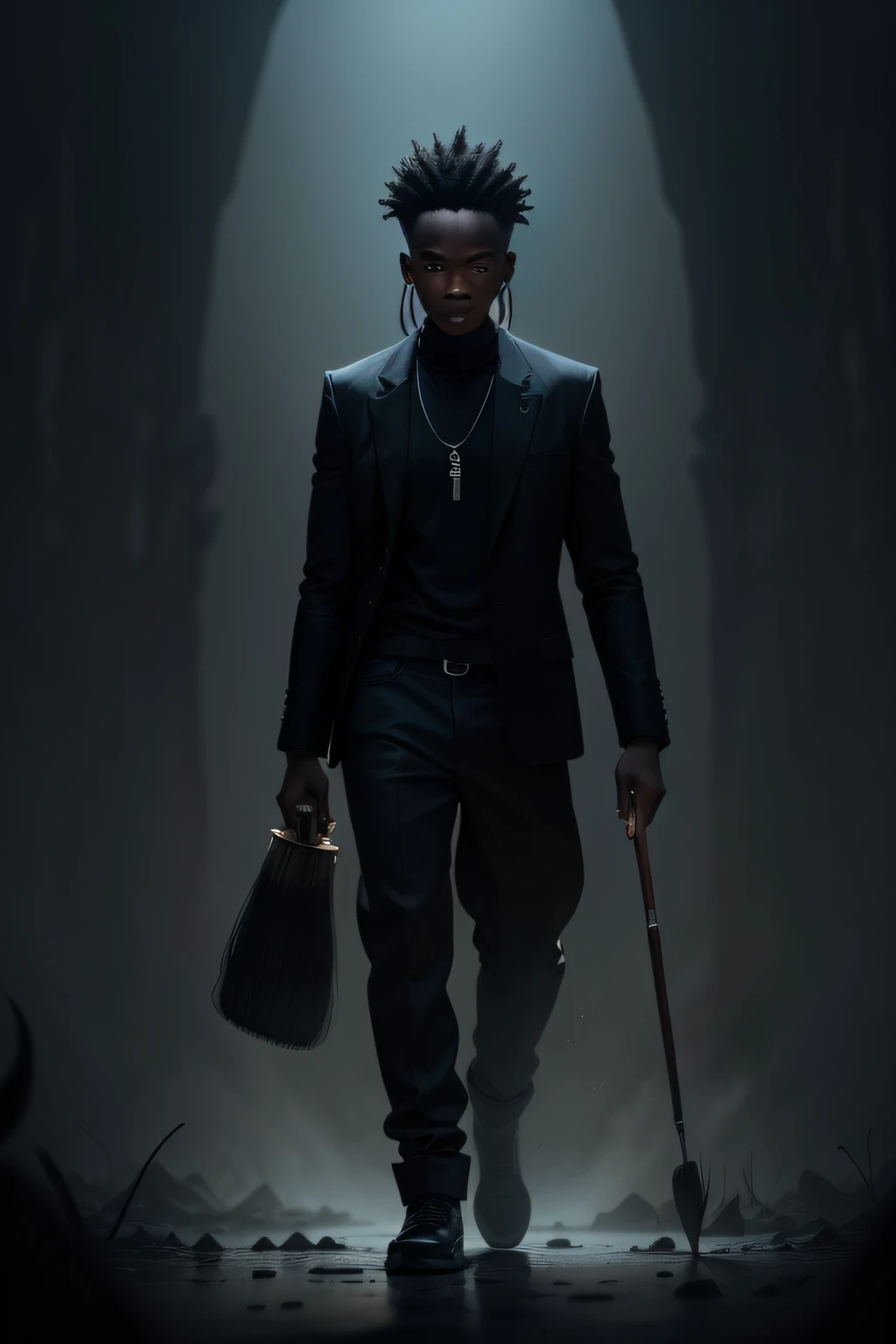 A young black artist with a brush in his hand, his creativity blocked, is represented by a shadow fused to him in a monstrous form in a dream with surreal creatures in a dark and mysterious environment