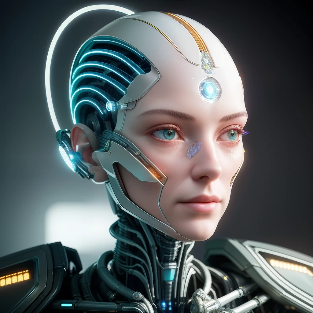 complex 3d render ultra detailed of a beautiful porcelain profile woman android face, cyborg, robotic parts, 150 mm, beautiful studio soft light, rim light, vibrant details, luxurious cyberpunk, lace, hyperrealistic, anatomical, facial muscles, cable electric wires, microchip, elegant, beautiful background, octane render, H. R. Giger style, 8k, best quality, masterpiece, illustration, an extremely delicate and beautiful, extremely detailed ,CG ,unity ,wallpaper, (realistic, photo-realistic:1.37),Amazing, finely detail, masterpiece,best quality,official art, extremely detailed CG unity 8k wallpaper, absurdres, incredibly absurdres, , robot, silver halmet, full body, sitting
