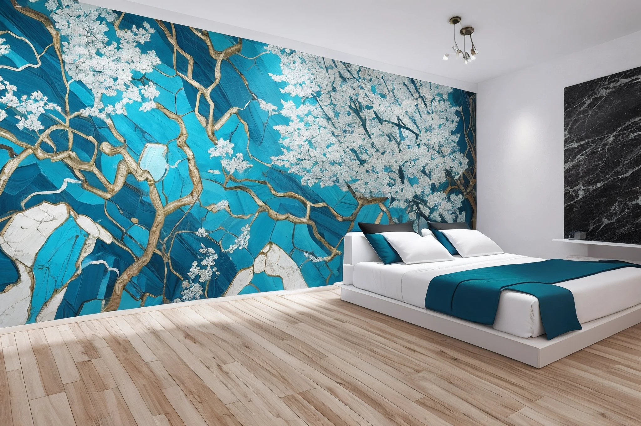 blue, white and black scagliola as a mural on the back wall of a interior design modern minimalist bedroom --auto --s2