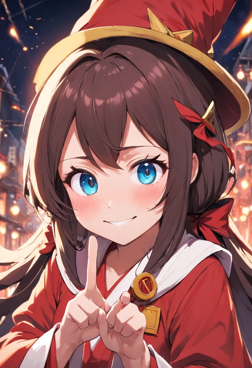 (best quality), detailed,1girl, solo,looking at viewer,simple background, upper body, close-up, peace sign standing ,smile ,detailed eyes , detailed face, adorable face , cute, megumin, witch hat, red mage robe, elbow hand out of frame,