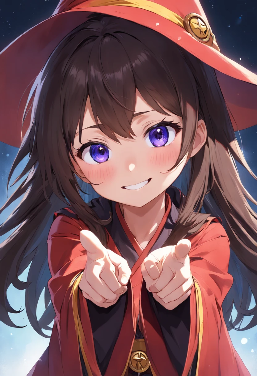 (best quality), detailed,1girl, solo,looking at viewer,simple background, upper body, close-up, peace sign standing ,smile ,detailed eyes , detailed face, adorable face , cute, megumin, witch hat, red mage robe, elbow hand out of frame,