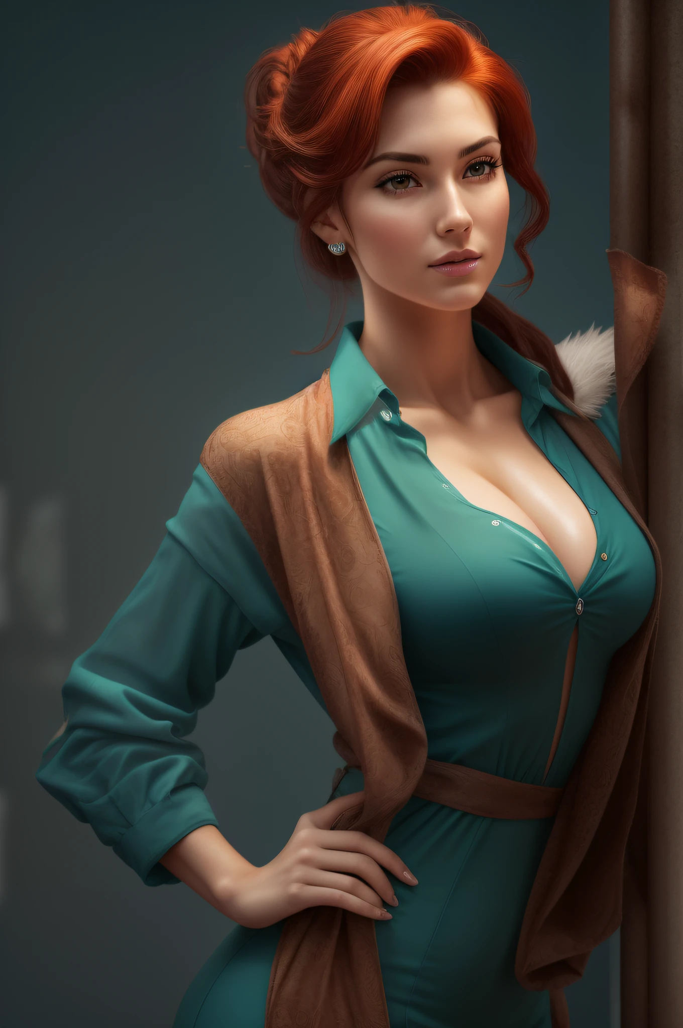(Extremely detailed 8k wallpaper), elegant businesswoman, long turquoise dress, red-haired, confident, fit girl, lean girl, small :1.2, perfect anatomy, perfect symmetry:1.2, realistic, realistic face:1.2, perfect face, happy, confident, highly detailed, and dramatic, cinematic lighting, bright scene, soft lights, nsfw:1.4, fit girl, lean girl, cleavag