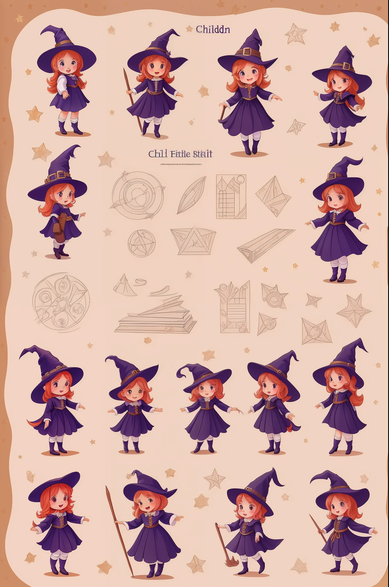 children's book illustration, cute little witch, character sheet, (fantasy character sheet, front, left, right, back), multiple poses and expressions