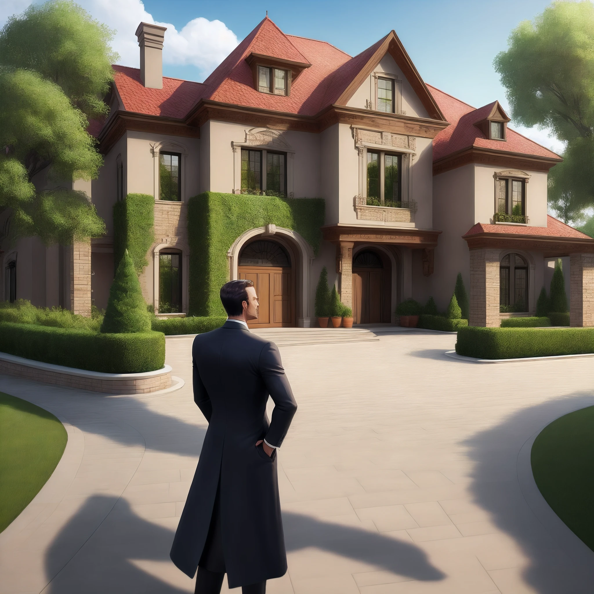 Create a billionaire man with luxury cars and a mansion behind