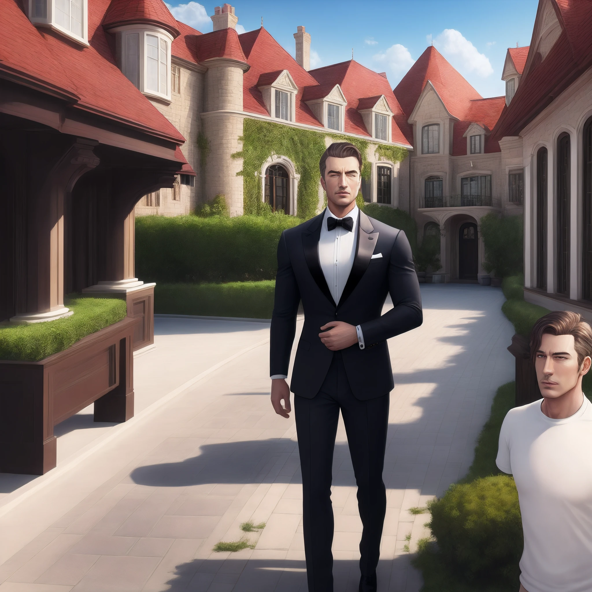 Create a billionaire man with luxury cars and a mansion behind