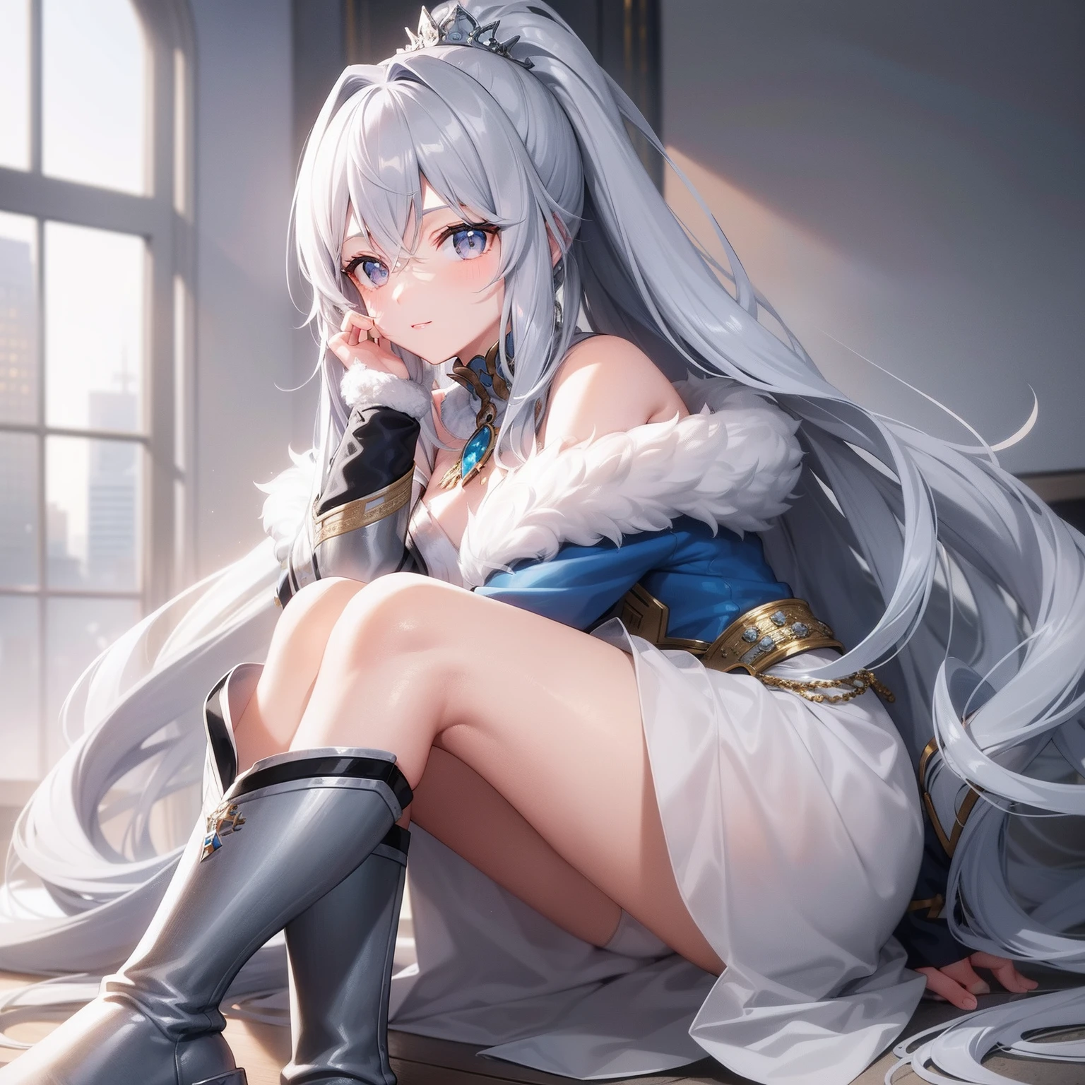 Girl, gray wavy hair with blue strands, gathered in a high ponytail, gray eyes, royal attire, fur jewelry, calm look, high boots, white clothes, goddes of ice