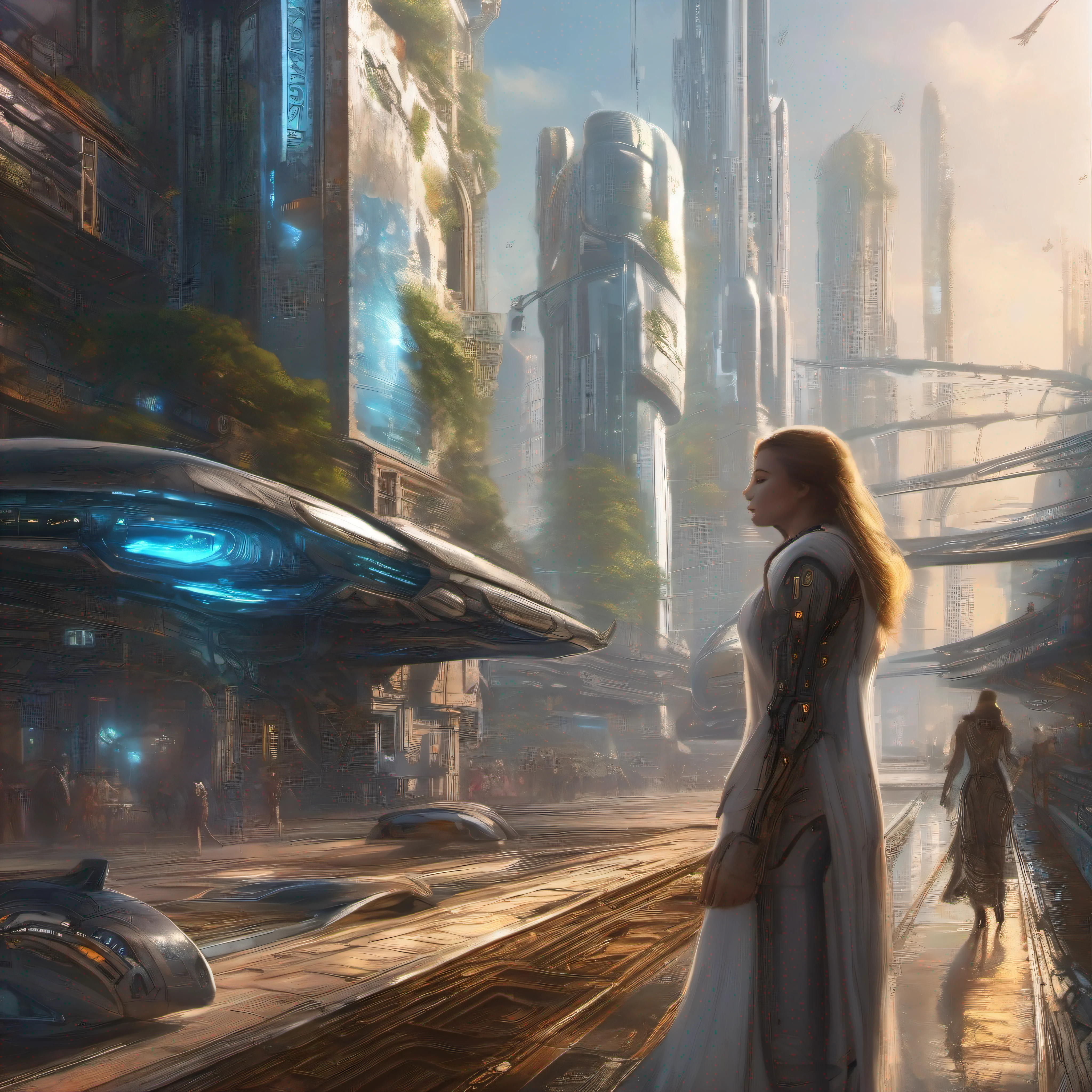 en un paisaje futurista de una ciudad altamente tecnologica, con grandes maquinarias una cyborg pasea por sus calle.