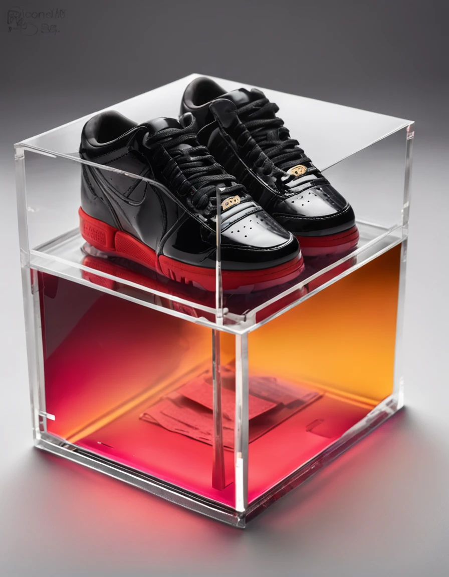 A closeup of a transparent acrylic box with an All Black sneaker inside, cube-shaped acrylic box, Translucent cube, vidro transparente, High Polygon, forma de bloco, cristal transparente, vidro transparente, Tesseract, vidro transparente, Objeto 3D, foto realista, caixa acrilica transparente com uma face lateral semi-aberta ultrarrealista, High Resolution Studio Photography Scenery