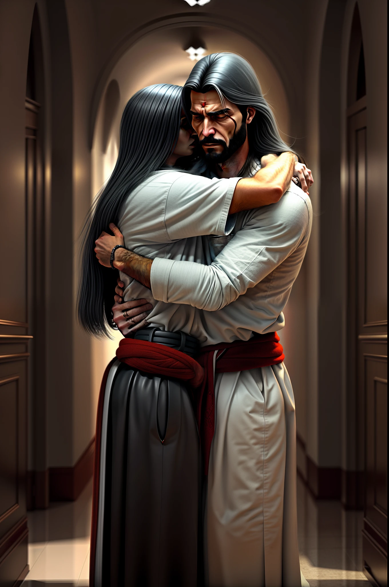 There are two people hugging in a hallway, jesus hugging a woman, hugging each other, Directed by: Eglon van der Neer, Wlop e Andrei Riabovitchev, Tuomas Korpi e Wlop, sensual 8K lighting, bela foto realista, renderizado em corona, hugging, arte conceitual emocional, segurando-se uns aos outros, Alexey Egorov