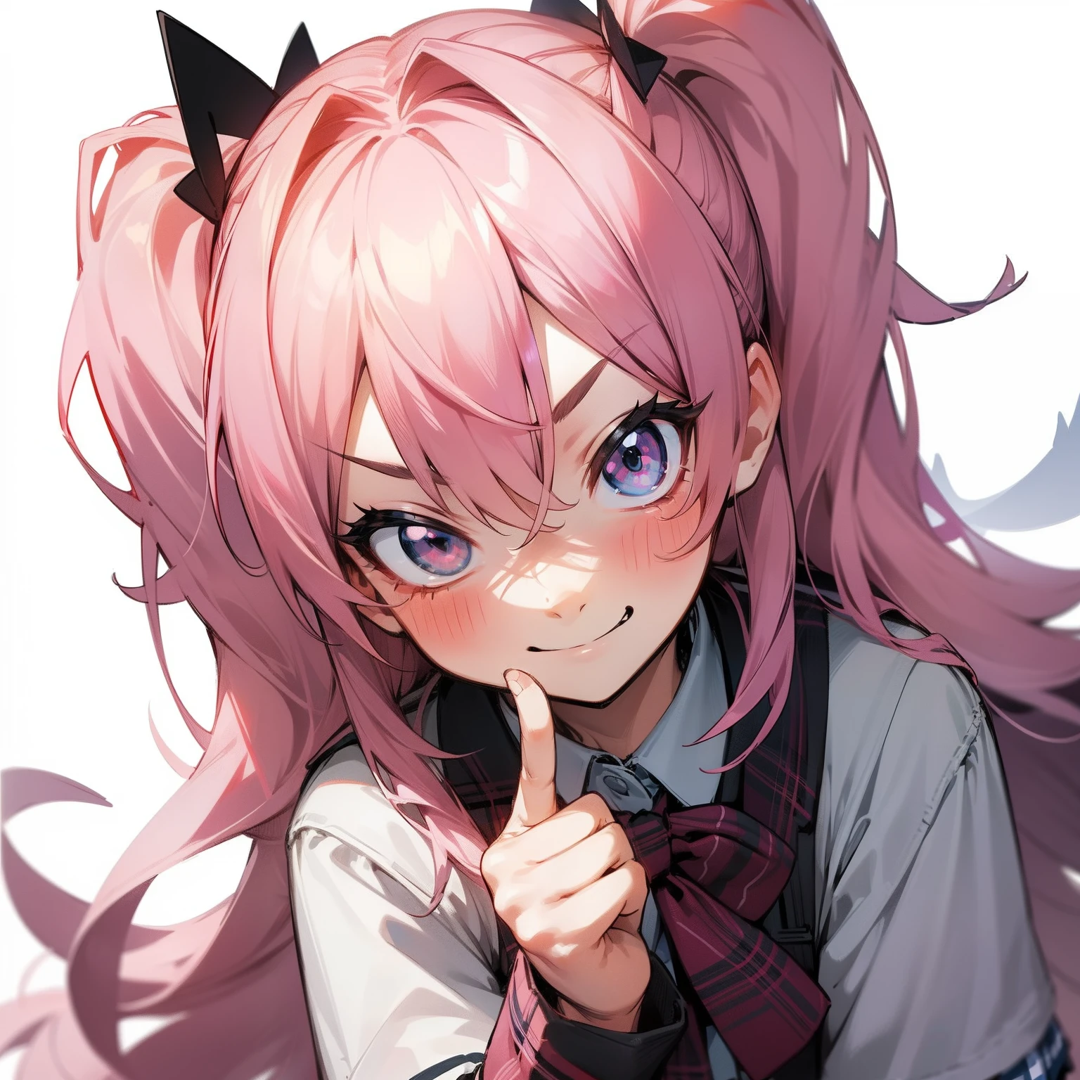 (A confident and mischievous expression) Tsundere character with a fashionable and cute plaid school uniform.