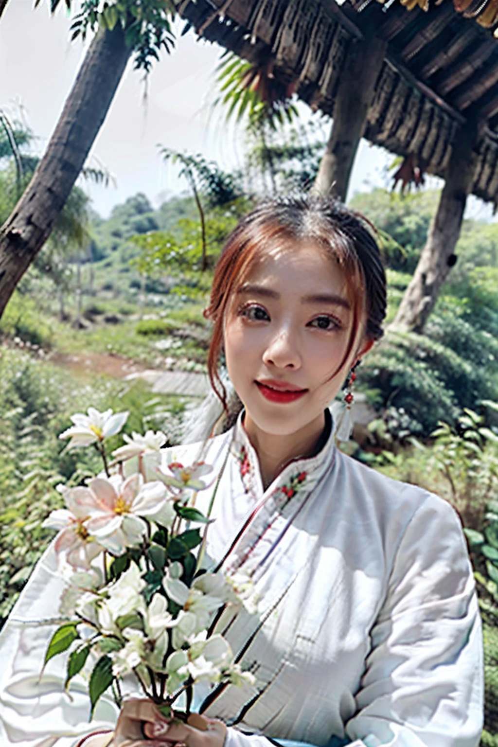 , dynamic, super detail, 8k detail post-processing, magnificent, surrealism, 8k, epic composition, intricate details, hair color random, ((Chinese white hanfu)), early morning, forest, tree house, vine, sexy, holding flowers, smiling