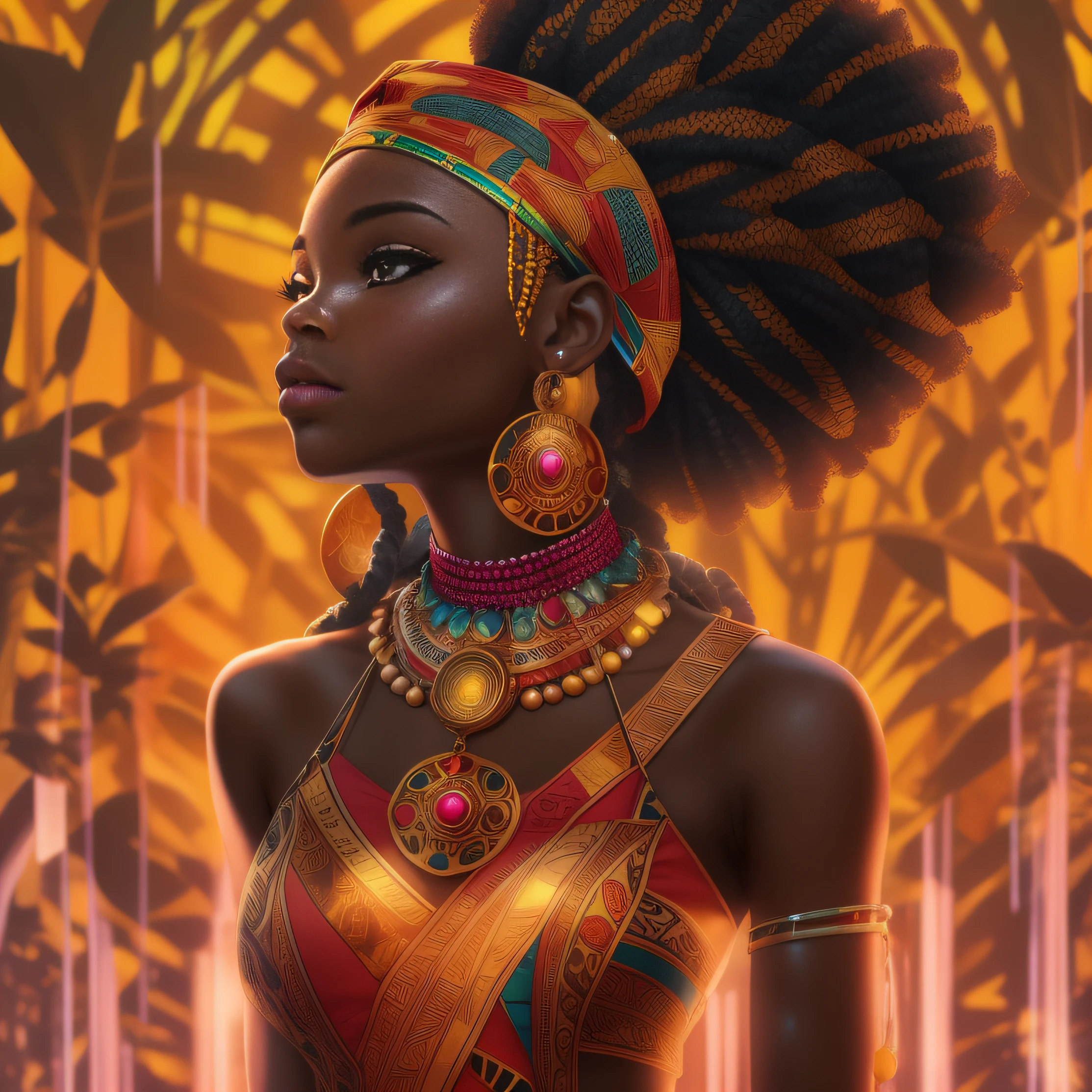 um close up de uma mulher em um traje com um cocar, Princesa Africana, Princesa negra Africanoa, epic 3 d oshun, anime afrofuturismo, Princesa Africanoa deslumbrante, black anime manga girl, Rainha Africanoa, Africano, bela arte digital, digital advanced anime art ", mulher Africanoa, pele escura deusa feminina do amor, futurismo afro, a beautiful artwork illustration