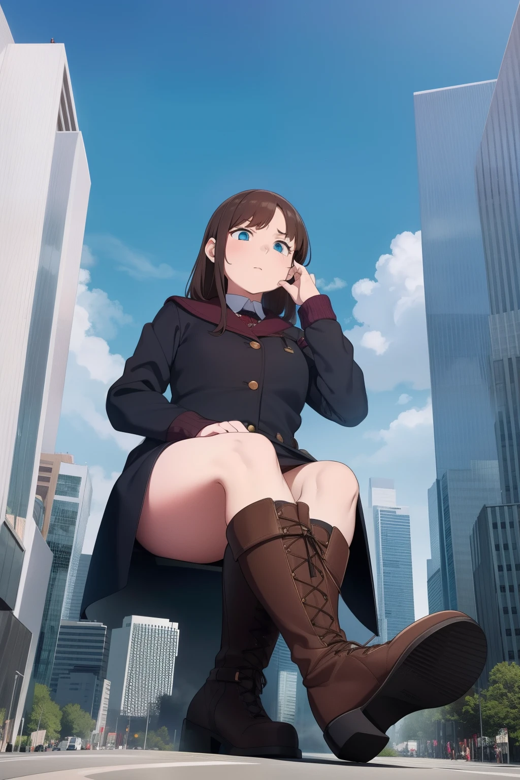 Giantess wearing boots looking down on ants, full body shot, towering over you, crossed legs, sitting down