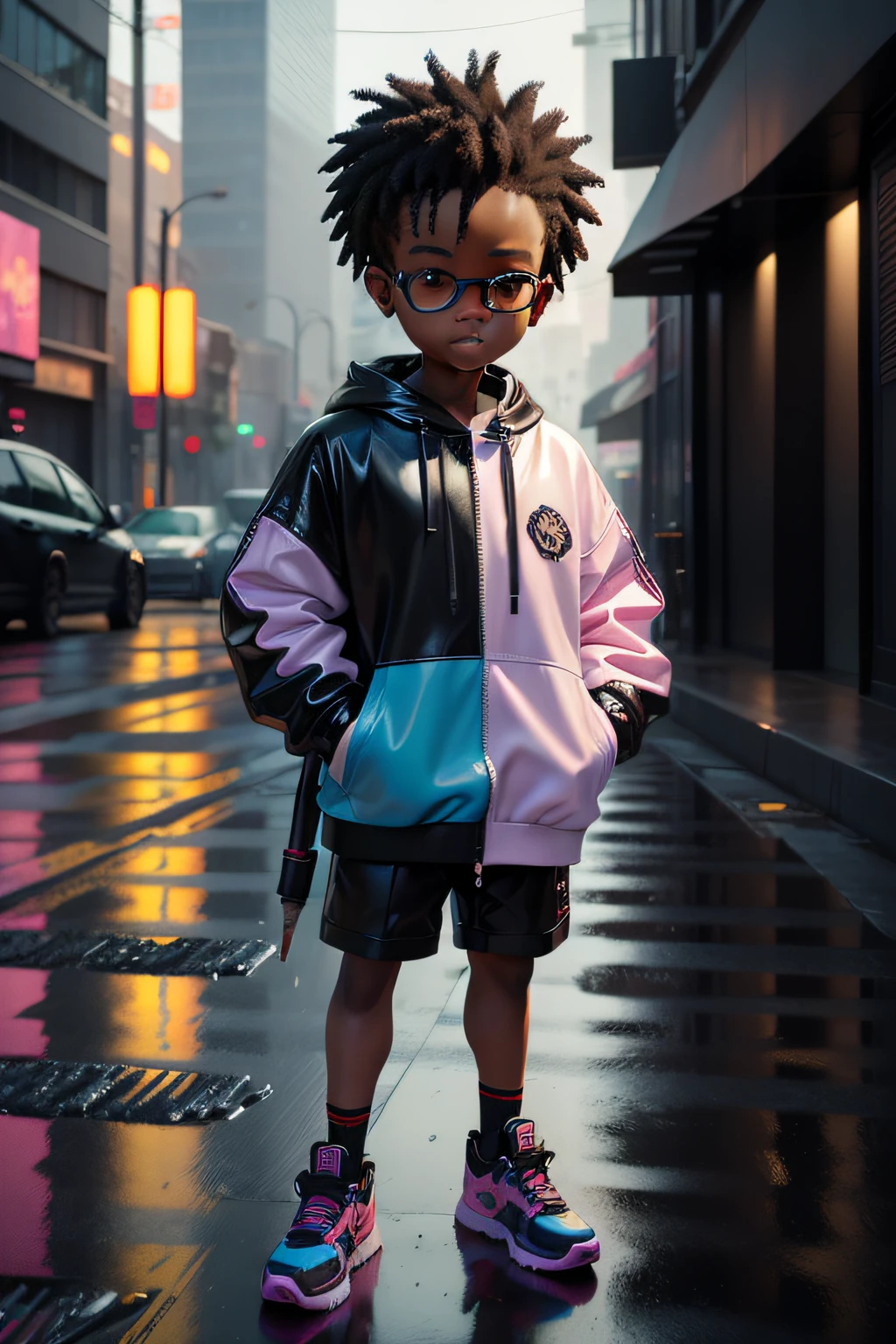 3d toy, 3d rendering, ip, cyberpunk style, cute  Black boy painter holding a brush, rain puddle with a reflection with eyes, simple background, best quality, c4d, blender, 3D MODEL, TOYS, VIVID COLORS, STREET STYLE, HIGH RESOLUTION, A LOT OF DETAILS, PIXAR, CANDY COLORS, BIG SHOES, FASHION TRENDS, ART