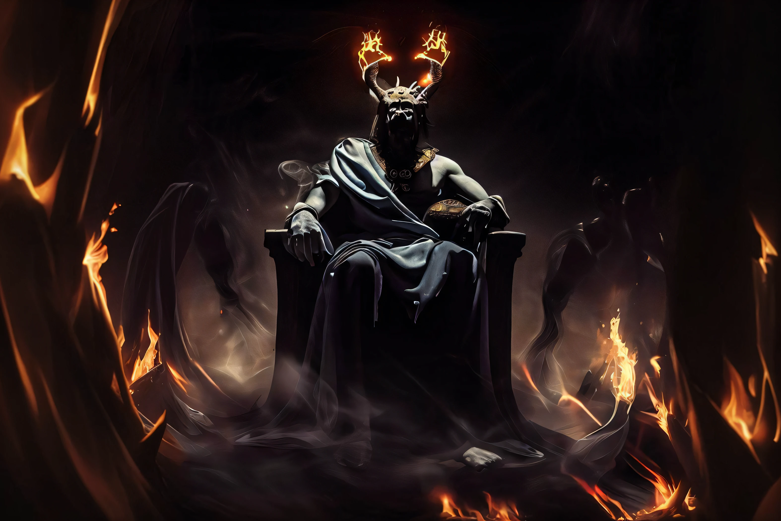 Imagem de um homem sentado em um trono com chamas ao fundo, O Rei do Inferno, Rei do inferno, Senhor do Inferno no Trono, O Deus Hades, the former demon king, Senhor de Cinder, Hades, O Rei da Morte, O Senhor das Trevas Sauron, in style the seated demon, Morgoth